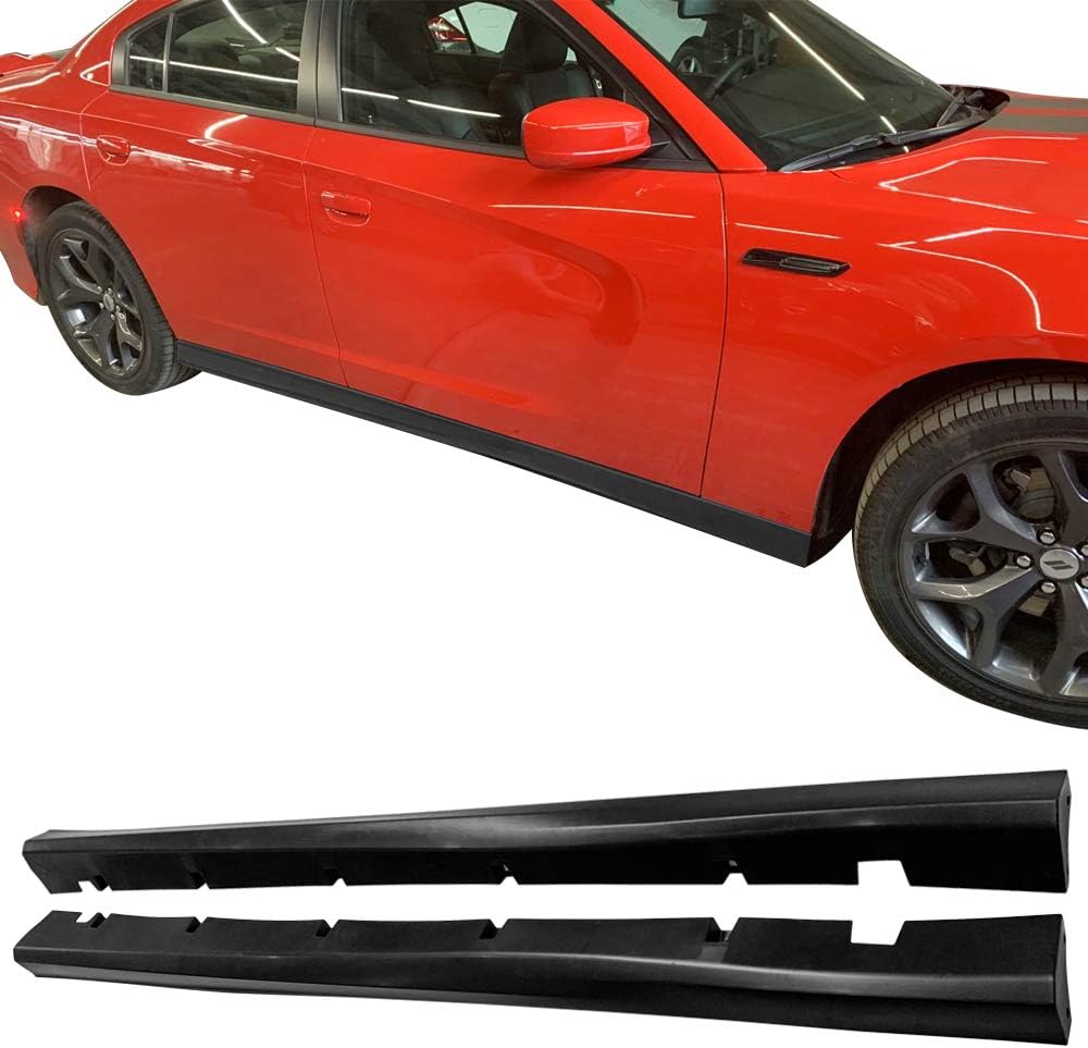 ikon motorsports, side skirts compatible with 2011-2023 dodge charger, srt style unpainted black side skirt extension rocker panel driver passenger side, 2012 2013 2014 2015 2016 2017 2018 2019