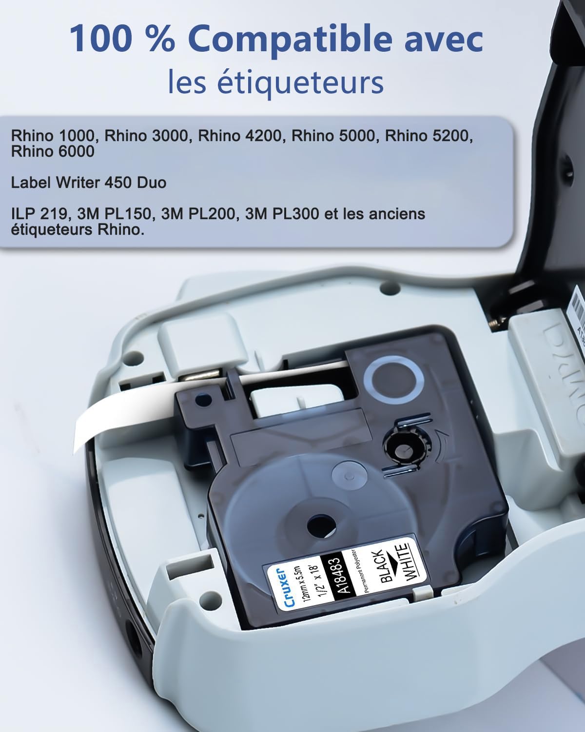 Lot de 30 rubans d'étiquettes Polyester industriels pour Dymo Rhino 18483 IND 12 mm x 5,5 m noir sur Blanc Compatibles avec les Rhino 1000 3000 5000 5200 4200 6000 ILP219 3M PL150