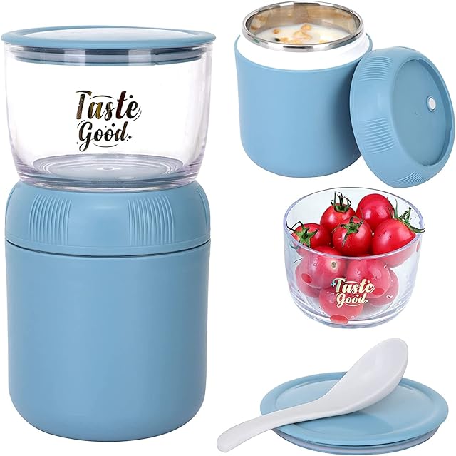 ADLOASHLOU Insulated Food Jar with Topping Cereal or Overnight Oats Container, Portable Leak-Proof Yogurt Parfait Cups with Lids and Spoon, Breakfast Lunch Bento Box for School Office Travel (Blue)