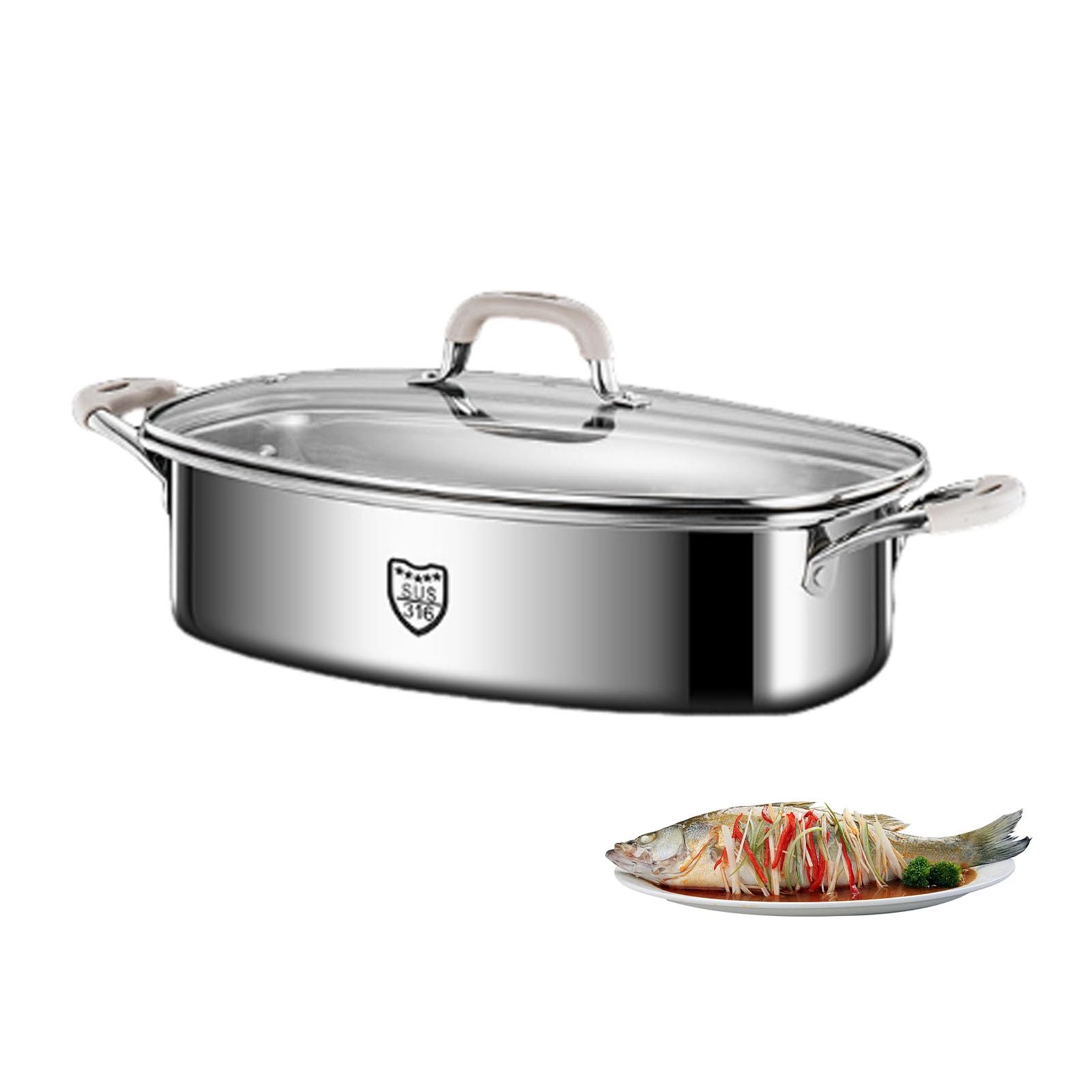 Pentola per pesce a vapore, in acciaio inox, ovale, con coperchio, pentola multiuso per cuocere a vapore pesce, zuppa bollente e frutti di mare