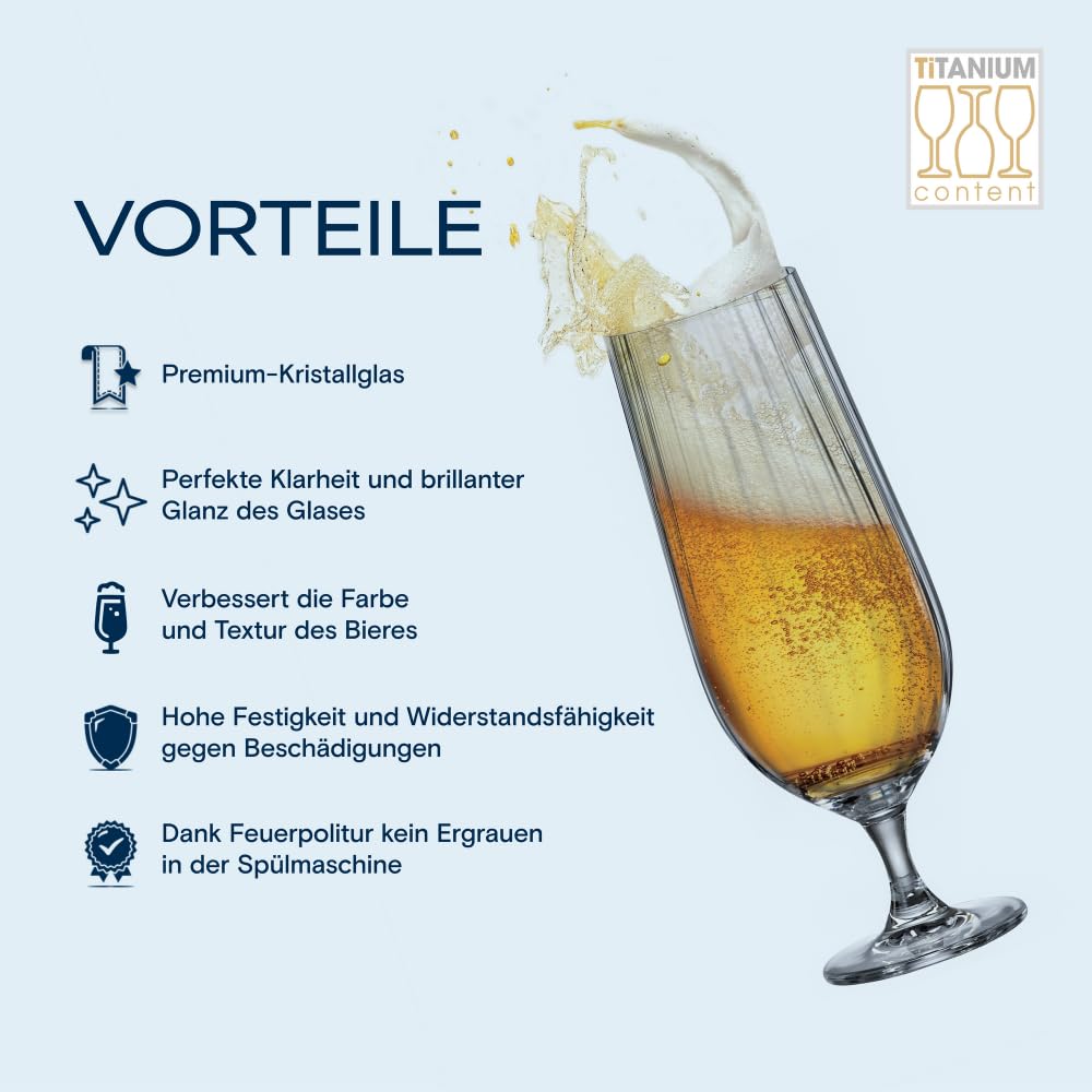 Crystal Bohemia Biergläser - 6er Set, je 470 ml, spülmaschinenfest, langlebig & kratzfest - Elegante Gläser aus Kristallglas - Ideal als Geschenk für Bierliebhaber