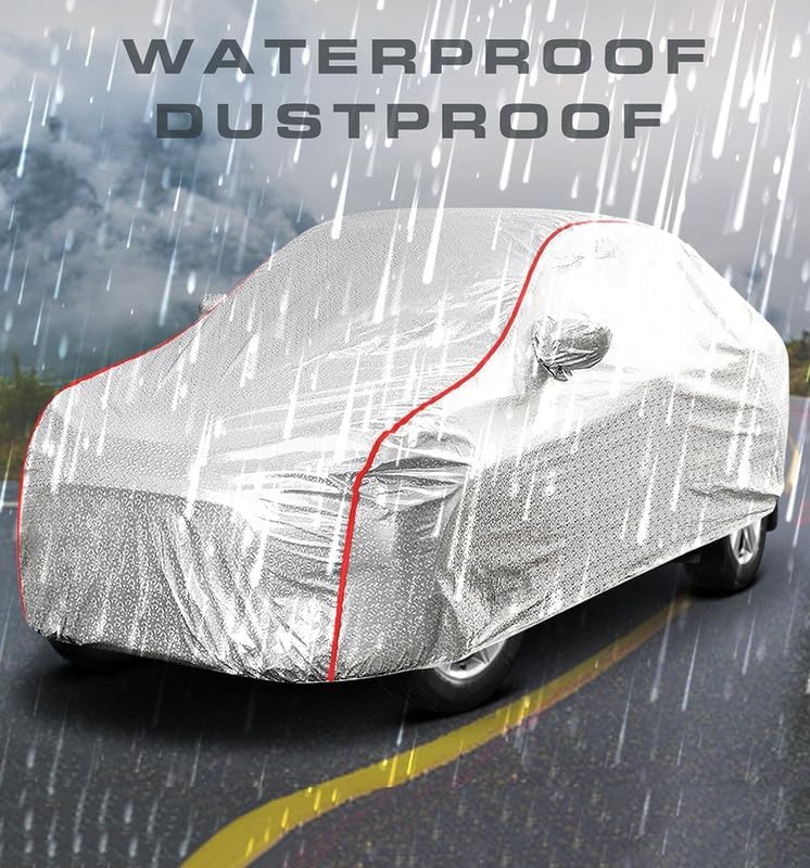 Image of PROTEGO All Weather Protection Car Cover for Maruti Suzuki XL6 | Anti Dust, 100% Waterproof, Durable Cover - Triple Stitched Elastic Grip with Mirror Pocket |(Metallic Silver with Red Piping)