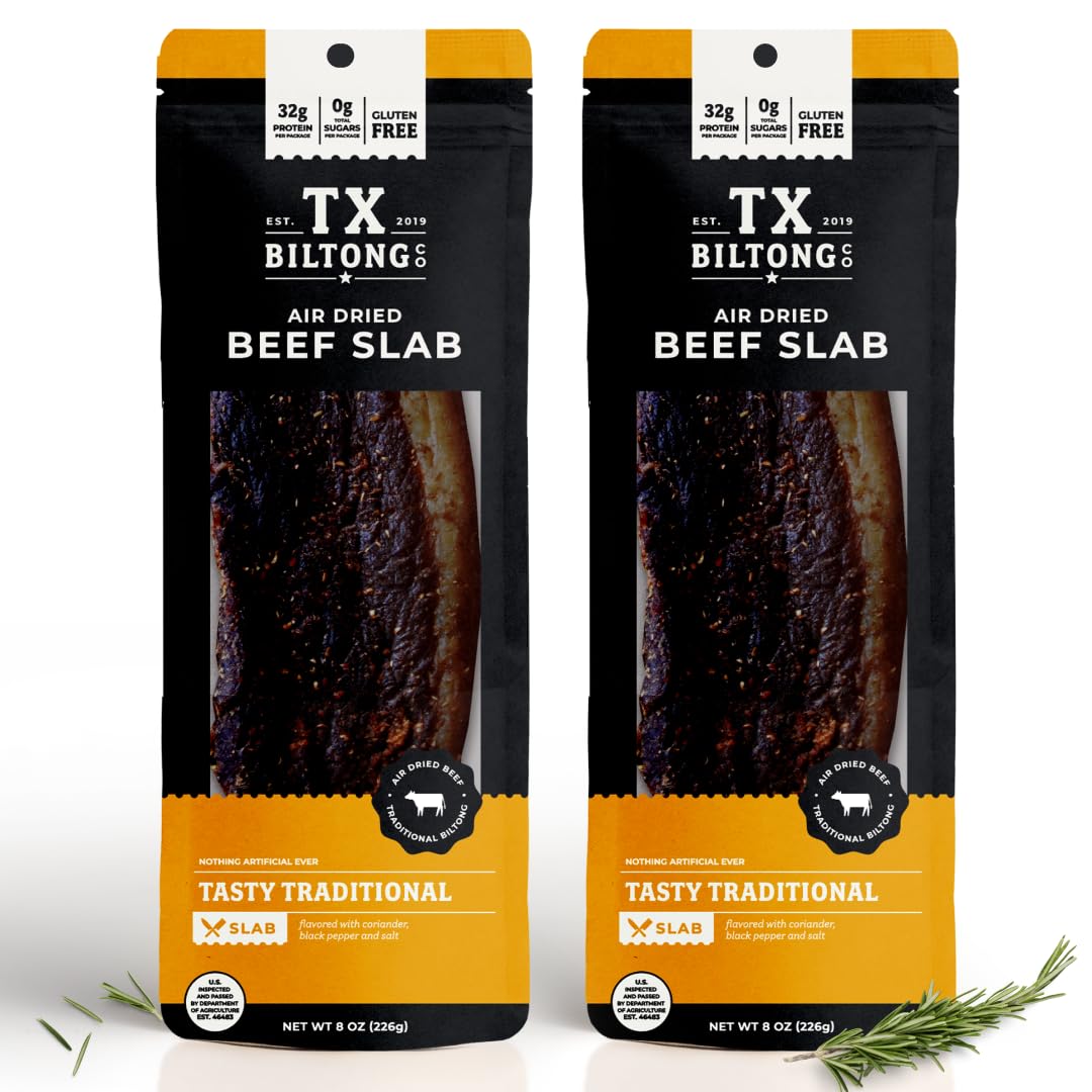 TX Biltong Beef Biltong Slab 2 Pack – Protein-Packed Biltong, USDA-Selected beef, Gluten-Free, Sugar-Free, No Carbs, No MSG, No Preservatives. Keto and Paleo Friendly. Made from Air-Dried Beef. Natural Seasoning, Delicious Traditional Spices. Sliced Thick or Thin. (Traditional)