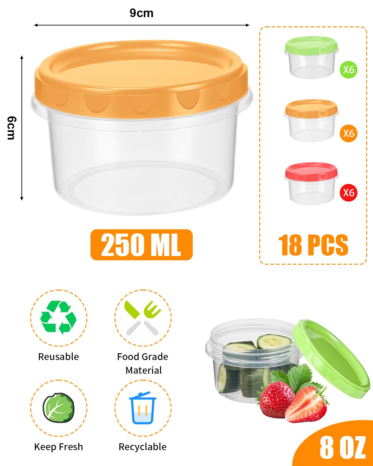 18 stuks vershouddozen met deksel, 250ML/ 8oz kleine snackdoos, sauscontainer saladedressing container, herbruikbare voedselcontainers, lekvrije schroefsluiting voor yoghurt fruit