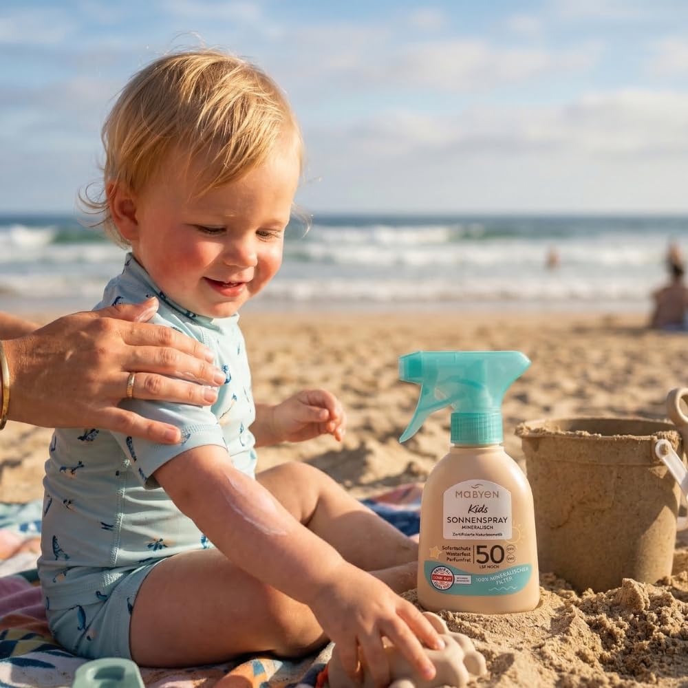 MABYEN Spray solar para niños FPS 50 - 100% filtro UV mineral - Protección inmediata sin tiempo de aplicación - Resistente al agua - Certificada como cosmética natural y libre de perfumes