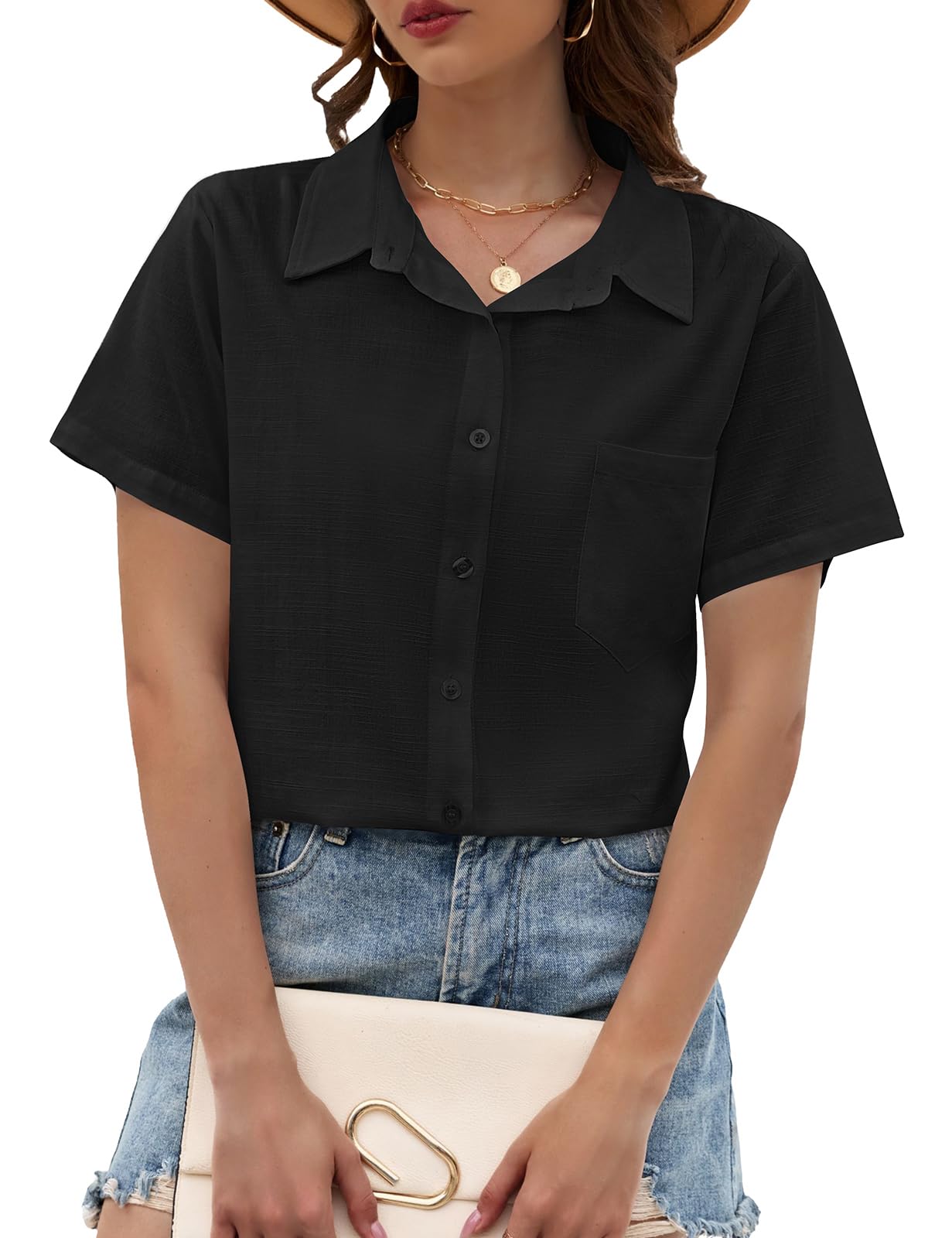 PASUDA Camicia Donna Estiva Blusa Elegante Manica Corta Cotone Lino Camicetta da Donna Maglia Estive Maglietta Casual Scollo a V con Bottoni T Shirt Tinta Unita Classico Tops