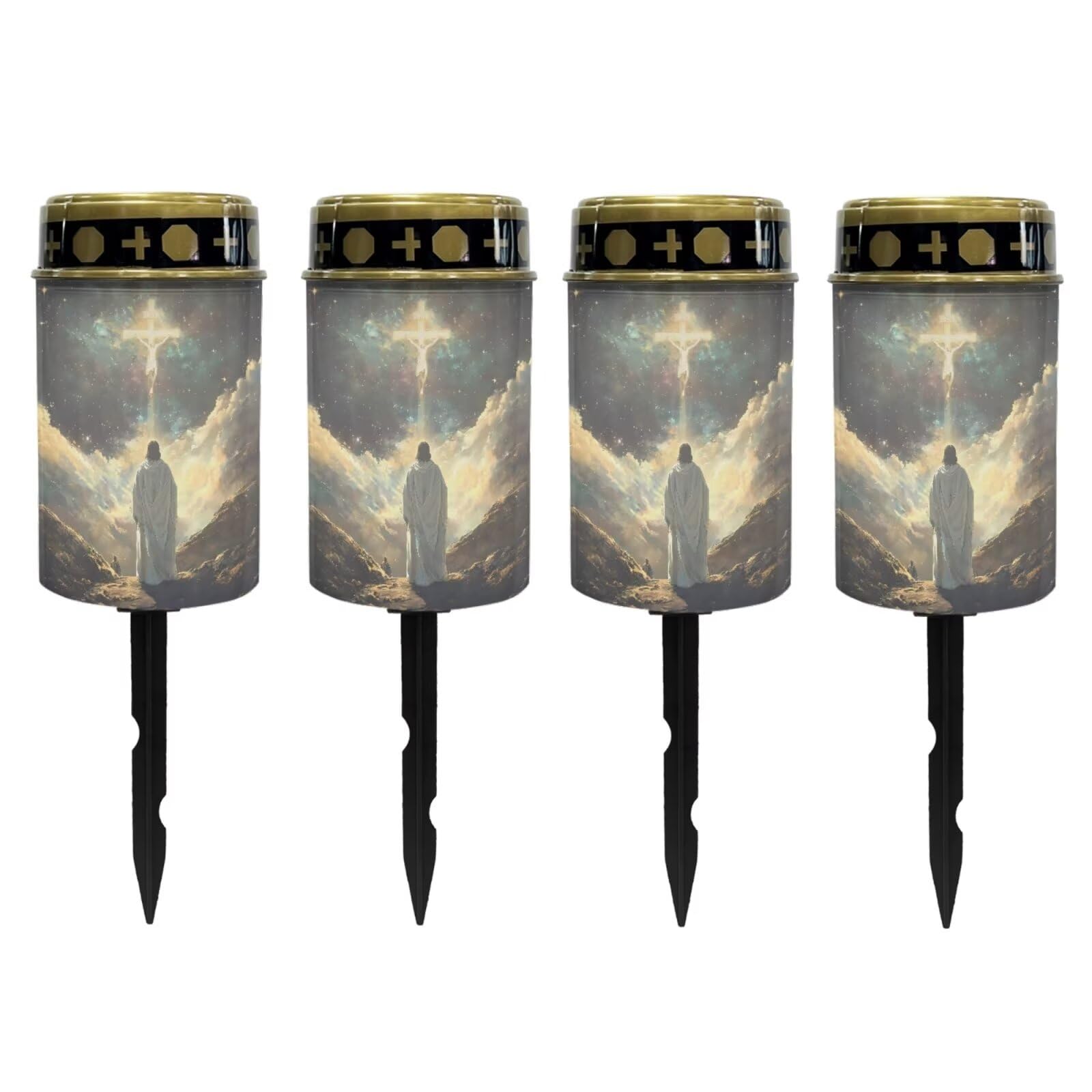Poceacles 4 Pack Cross Solar Powered Outdoor Lights Cemetery Solar Candle Solar Memorial Lights Outdoor Waterproof Landscape Lights for Yard Patio Lawn Outdoor Home Decor, God Cross Milky Way