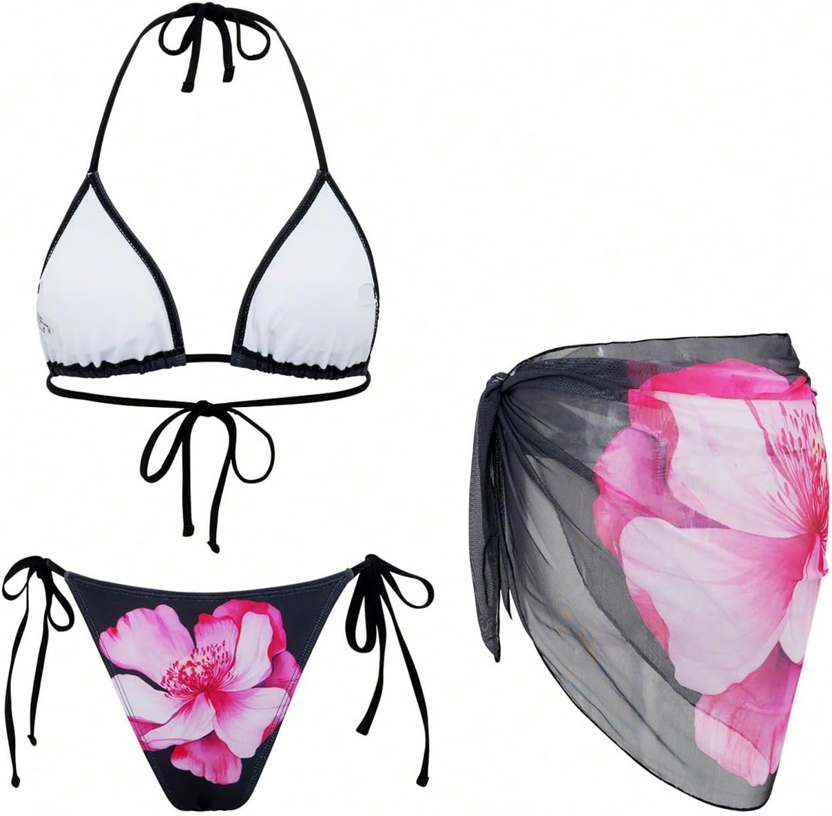 WDIRARA Women's 3 Pieces Floral Bikini Set Halter Triangle String Swimsuit with Cover Up Skirt