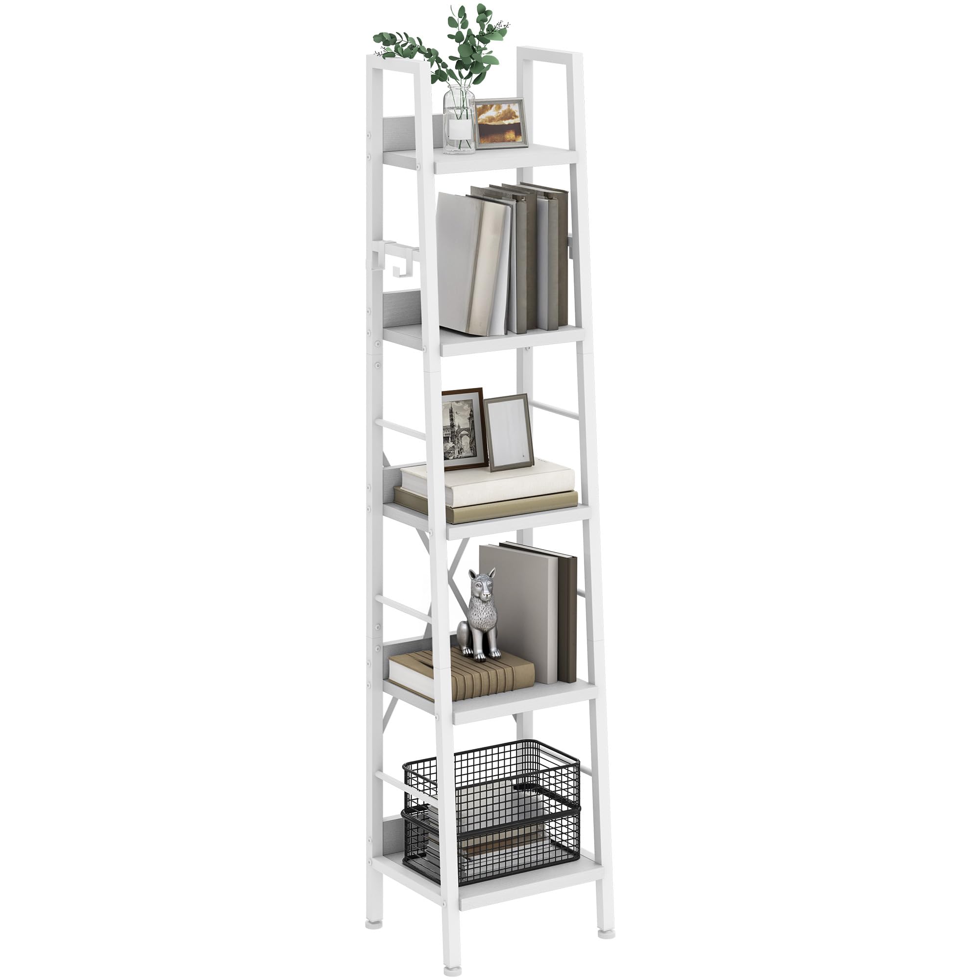 YITAHOME Bücherregal mit 5 Ebenen, industrielles Leiterregal, freistehendes Holzregale und Metallrahmen, modernes Regal für Wohnzimmer, Flur, Büro, reinweißes