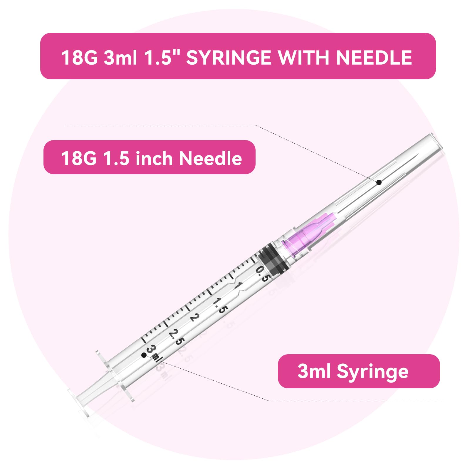 Paquete de 100 jeringas desechables Luer Lock de 3 ml con agujas de punta roma de 18 Ga de 1.5 pulgadas, selladas individualmente