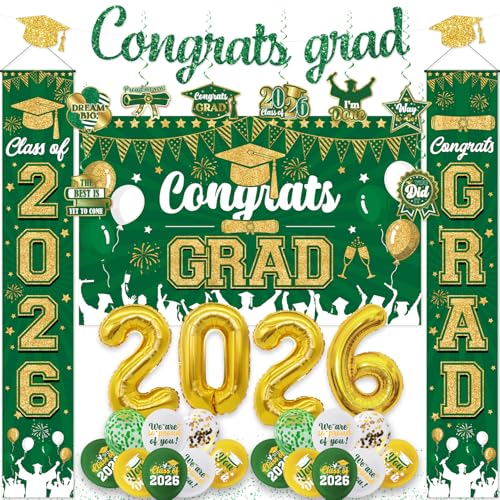 Green and Gold Graduation Decorations 2026 Green Graduation Decorations Class of 2026 28 Pcs Congrats Grad Include Proch Banner Balloons Backdrop and Paper Pompoms