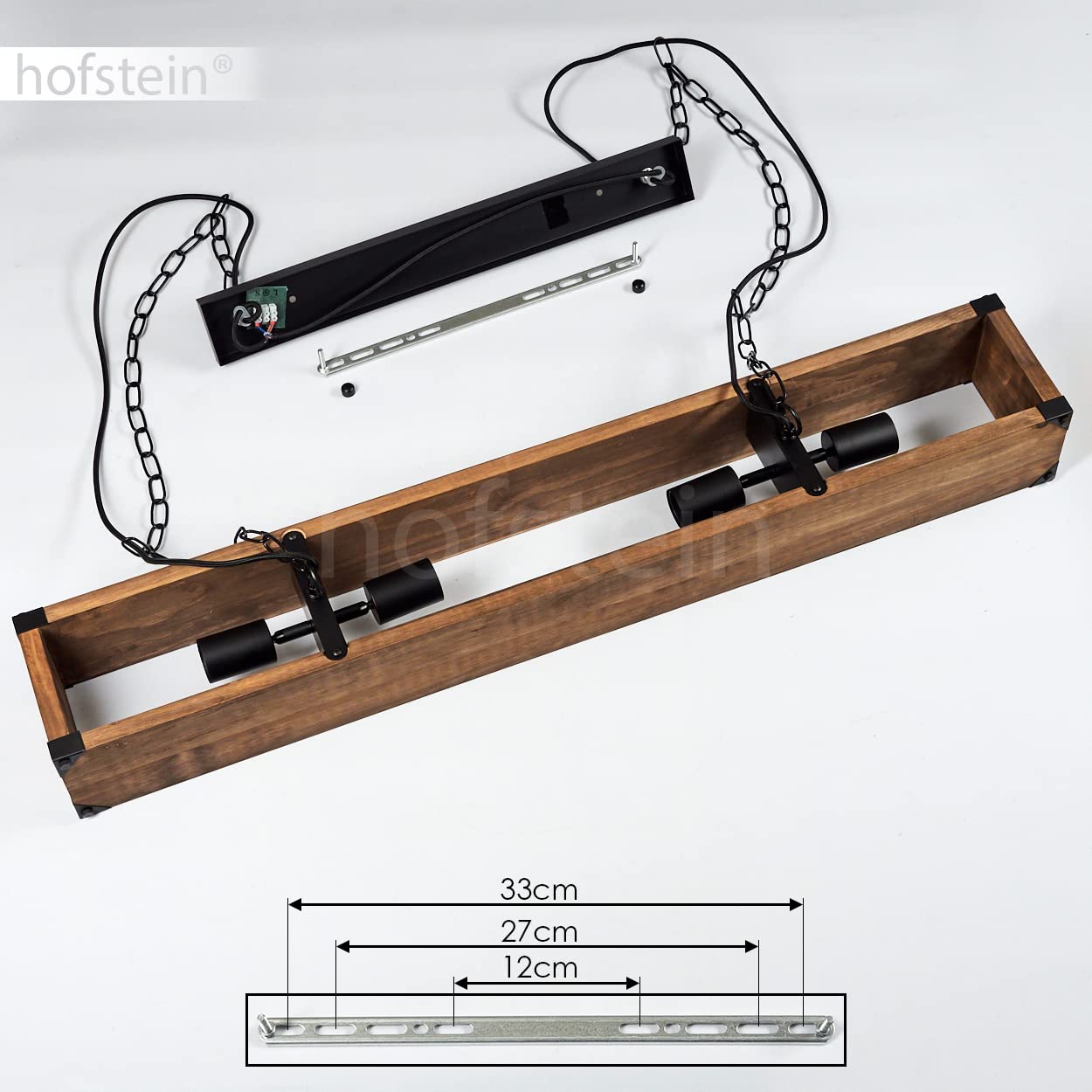 Lampada a sospensione Olomouc, lampada a sospensione in metallo nero, lampada a sospensione con asta in legno, anelli di catena e paralumi regolabili, altezza massima 119 cm, 4 x E27,senza lampadina/e