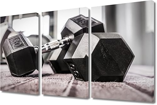 3 paneles de mancuernas en suelo de madera, fitness, fisicoculturismo, gimnasio, arte de pared, impresiones en lienzo para sala de estar,