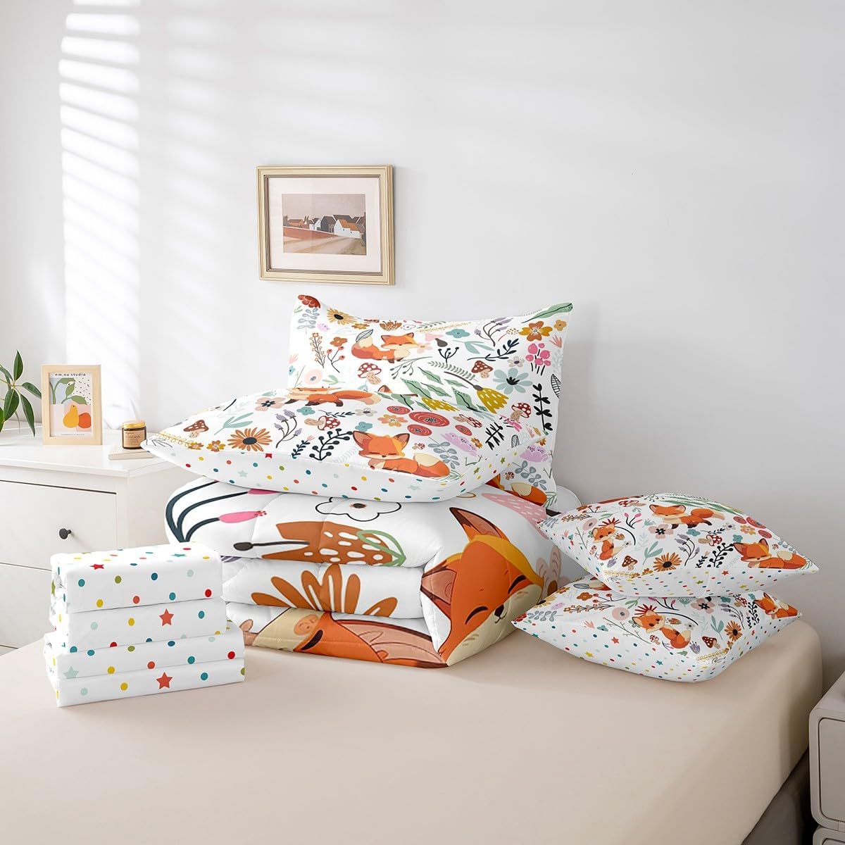 Erosebridal Kawaii Fox Bed in a Bag Queen Comforter Set 7 Piece,Mushroom Floral Cartoon Animal Bedding Sets Watercolor Flowers Leaves Sheet Set with Comforter