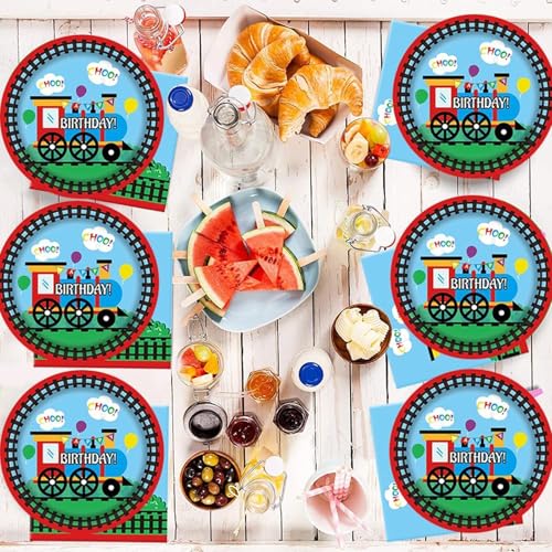 49Pcs Zug Geburtstag Party Supplies,Train Geburtstag Party Geschirr, Zug Partygeschirr Train Set,Teller Train Kindergeburtstag Deko Auto Pappteller Becher Servietten Tischdeko
