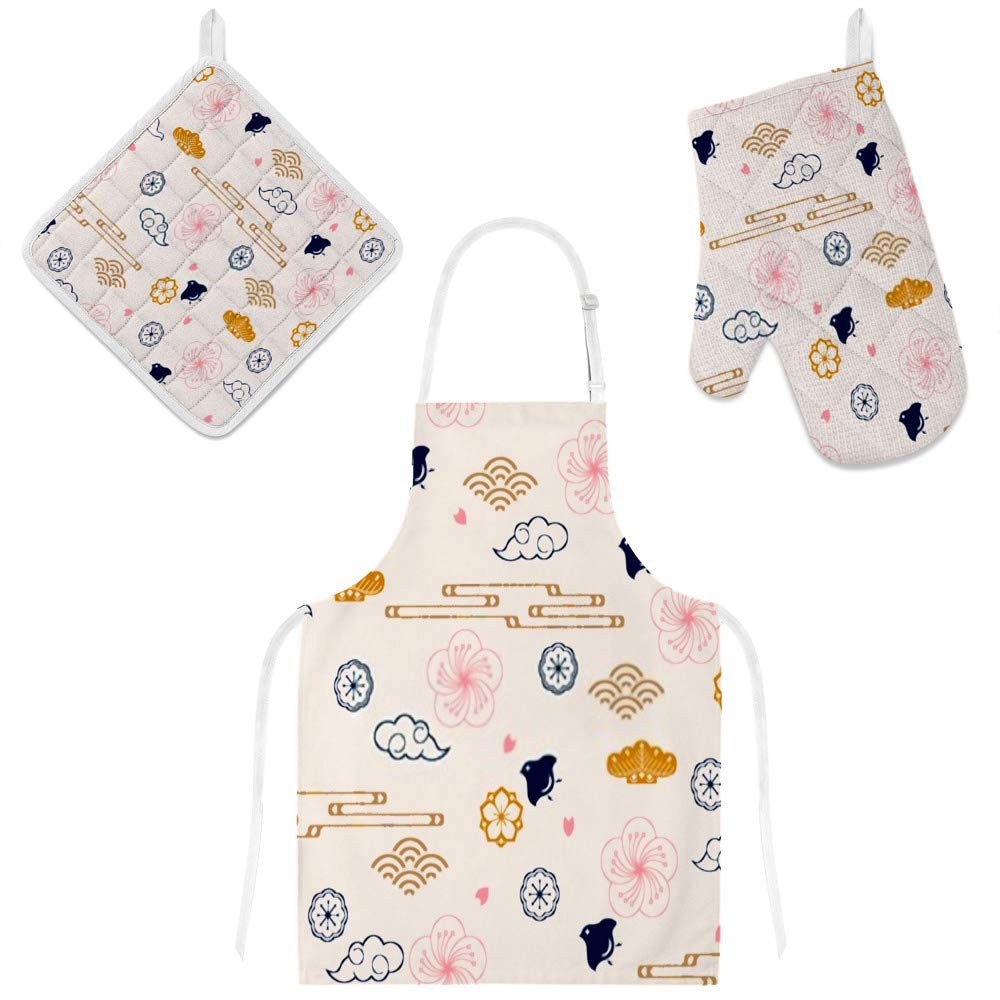 Tablier de cuisine lot de 3 avec maniques camomille jaune