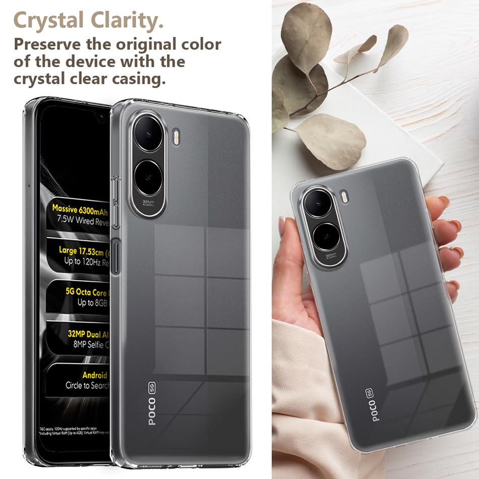 Image of Fashionury Shockproof Crystar Clear Back Case Cover for Mi Redmi A7 Pro 5G / Poco C85X 5G | Transparent Back Case | Raised Bumps for Camera & Screen Protection