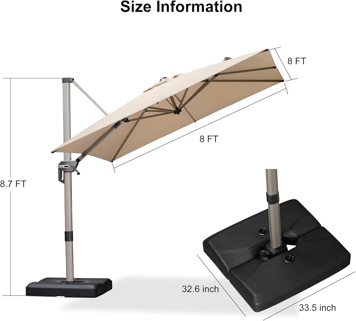 Diagram showing umbrella components and size information