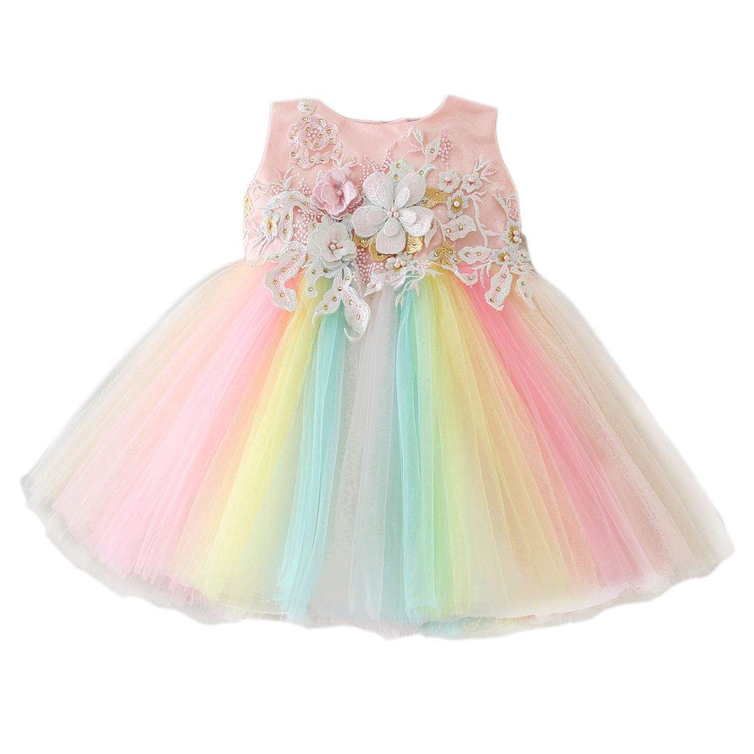 Bow Dream Baby Girls Party Dress Rainbow Tulle 3D Embroidery Beading Princess Wedding Dresses