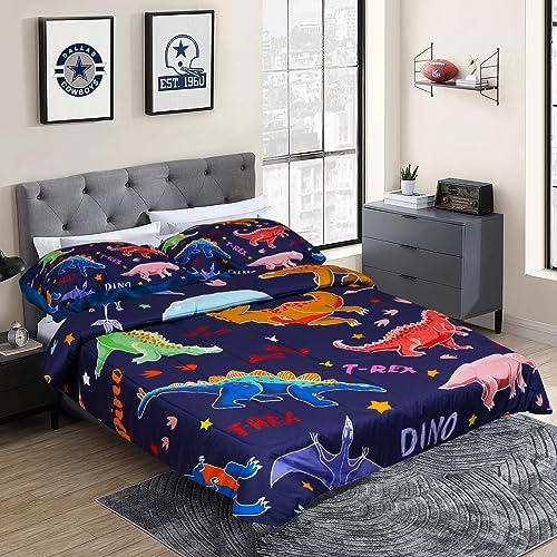 FINESLEEP 3pc Cartoon Dinosaur Comforter Set with 2 Pillow Cases for Kids Boys,3D Dark Blue Kids Dinosaur Comforter Set Twin for Boys Teens