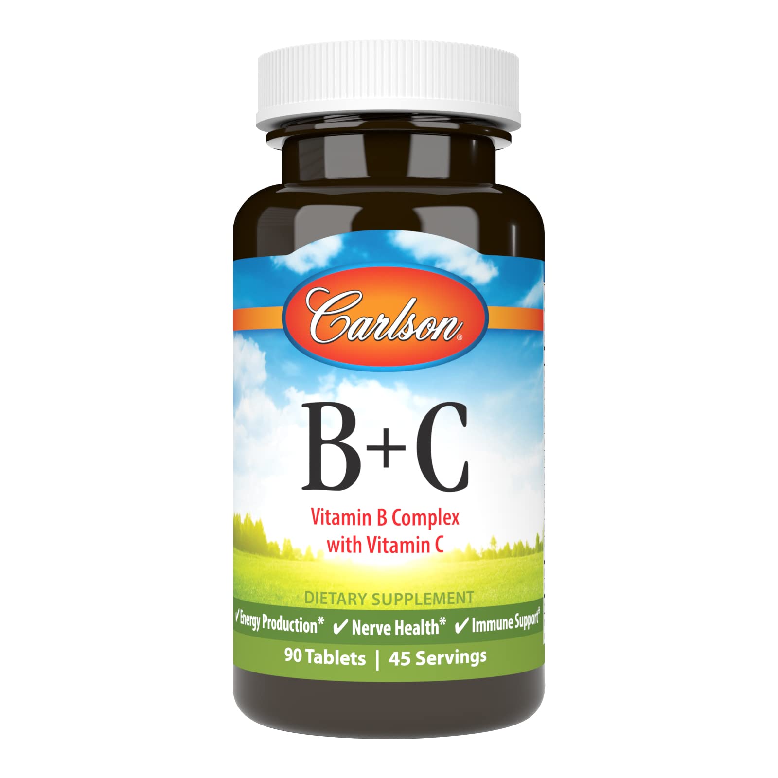 Carlson - B + C, Vitamin B Complex with Vitamin C, Energy Production, Nerve Health & Immune Support, 90 Tablets