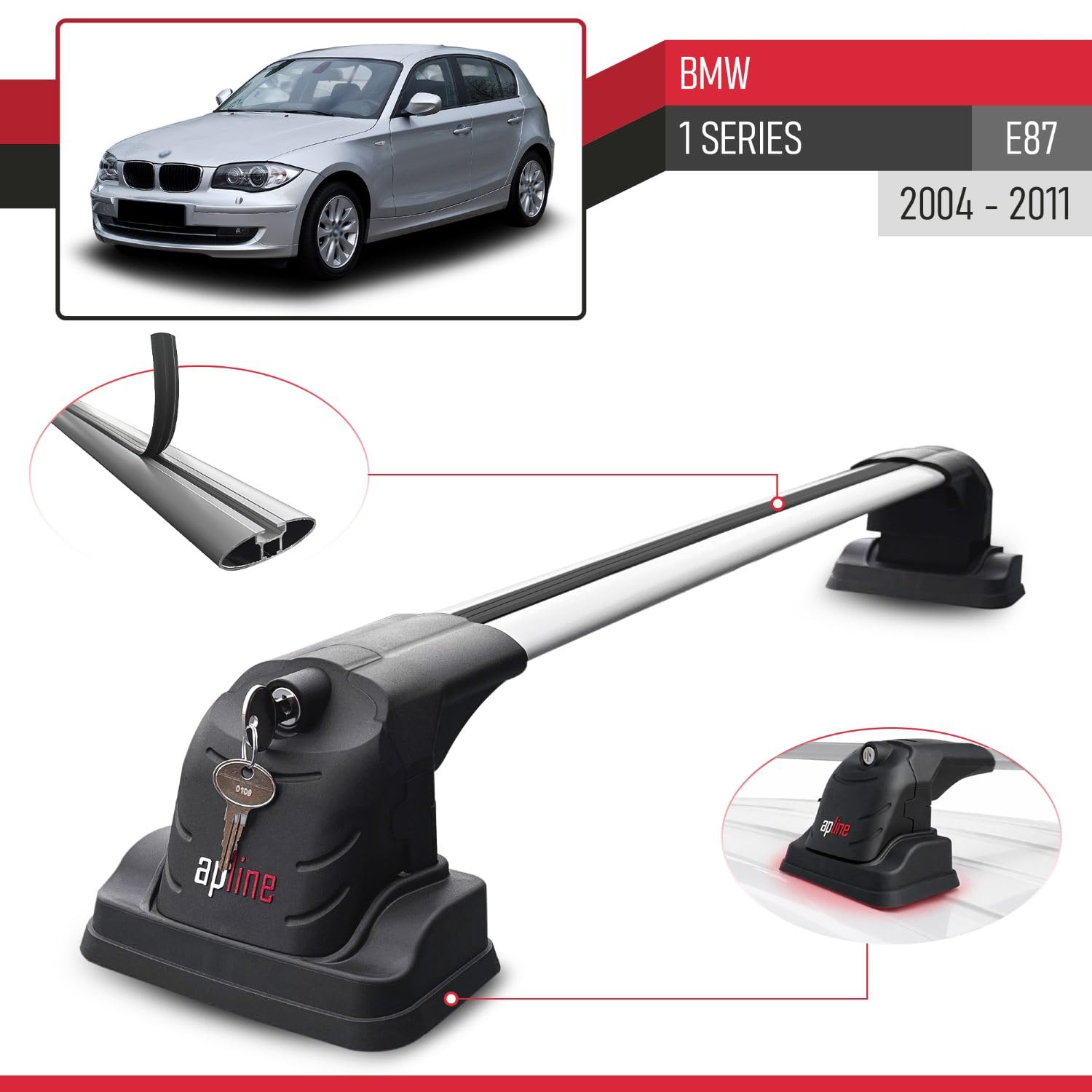 MDAK Compatible con BMW Serie 1 (E87) 2004-2011 Modelo Ace-3 Barra de Techo Auto Portaequipajes Barras Transversales Gris Aluminio 2 Barras