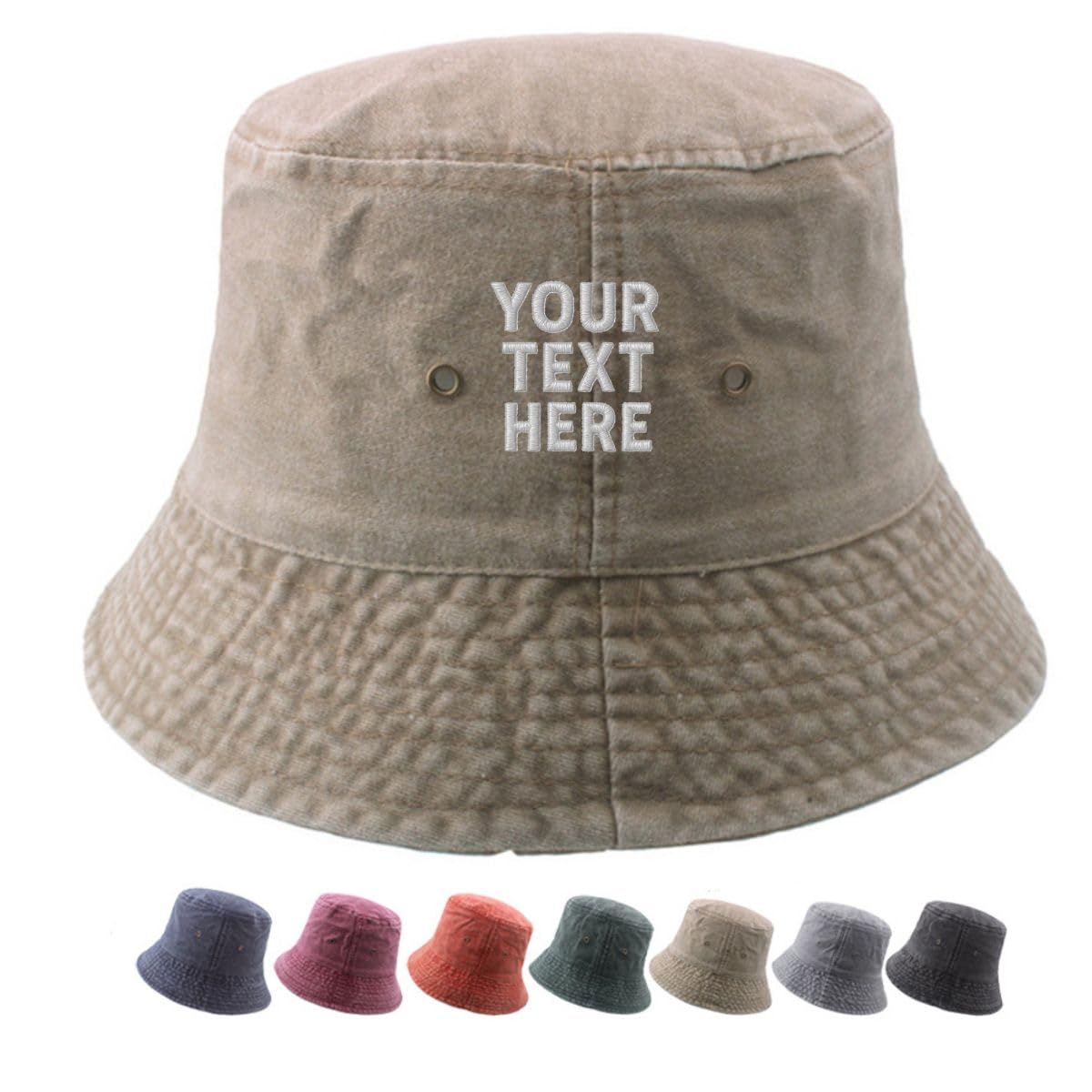 Van Der Linn Embroidered Personalised Cotton Adult Fisherman Bucket Hat Men Women (Denim Khaki)