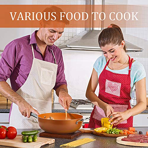 image for SHINEURI 12 Inch Copper Wok Pan and Stir Fry Pan with Lid, Nonstick Co