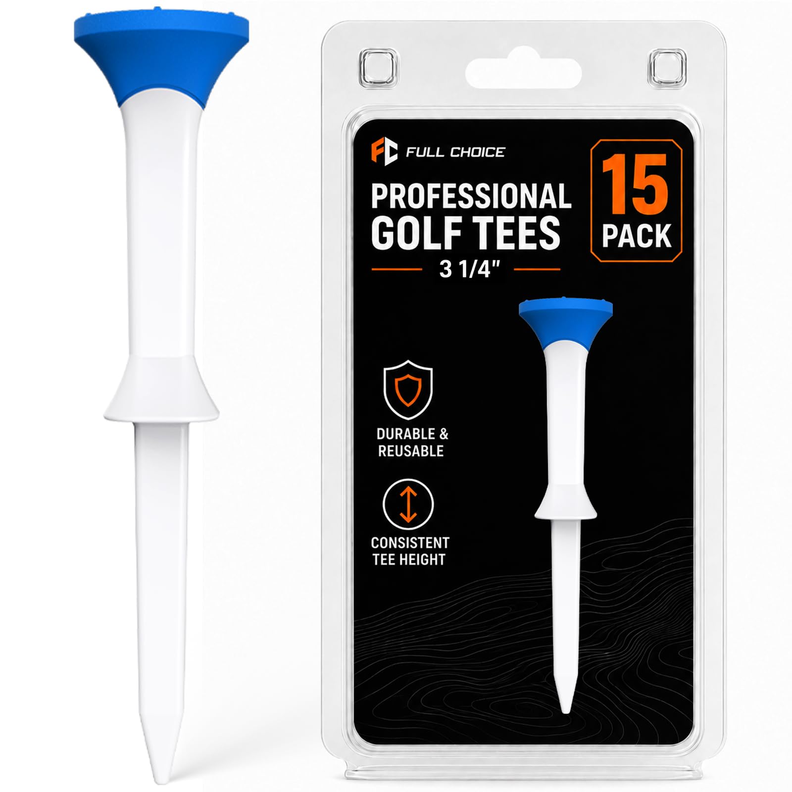 Full Choice 3-1/4" Stepped Golf Tees with Soft Rubber Heads, 15 Pack Fixed-Height Driver Tees with Raised Tips for Reduced Ball Contact and Wide Tops for Stable Ball Support