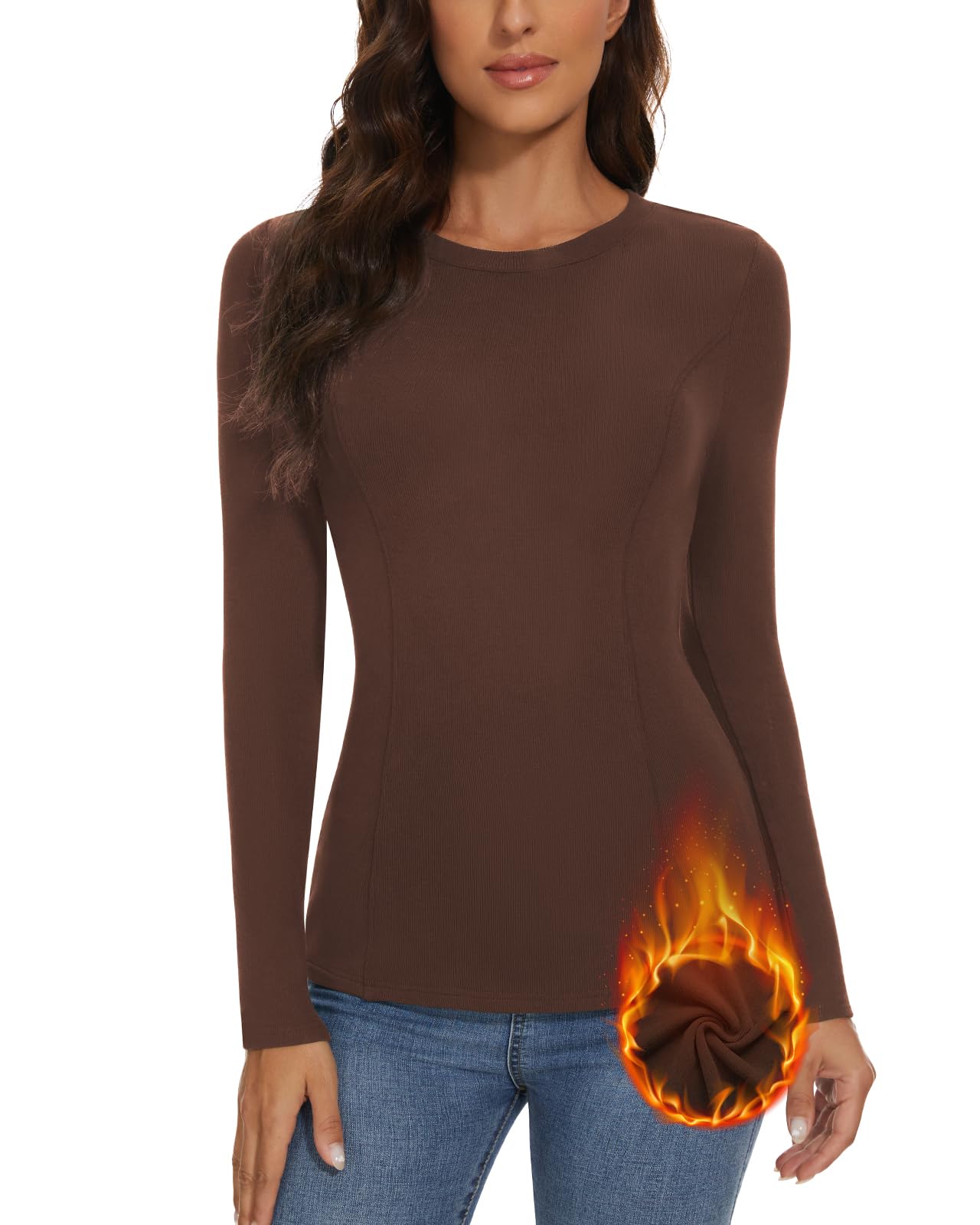 WOWENY Pullover Damen Winter Elegant Langarmshirt Mit Fleece Rundhals Gerippt Slim Fit Warme Pulli Basic Oberteile Sweatshirt Tops,