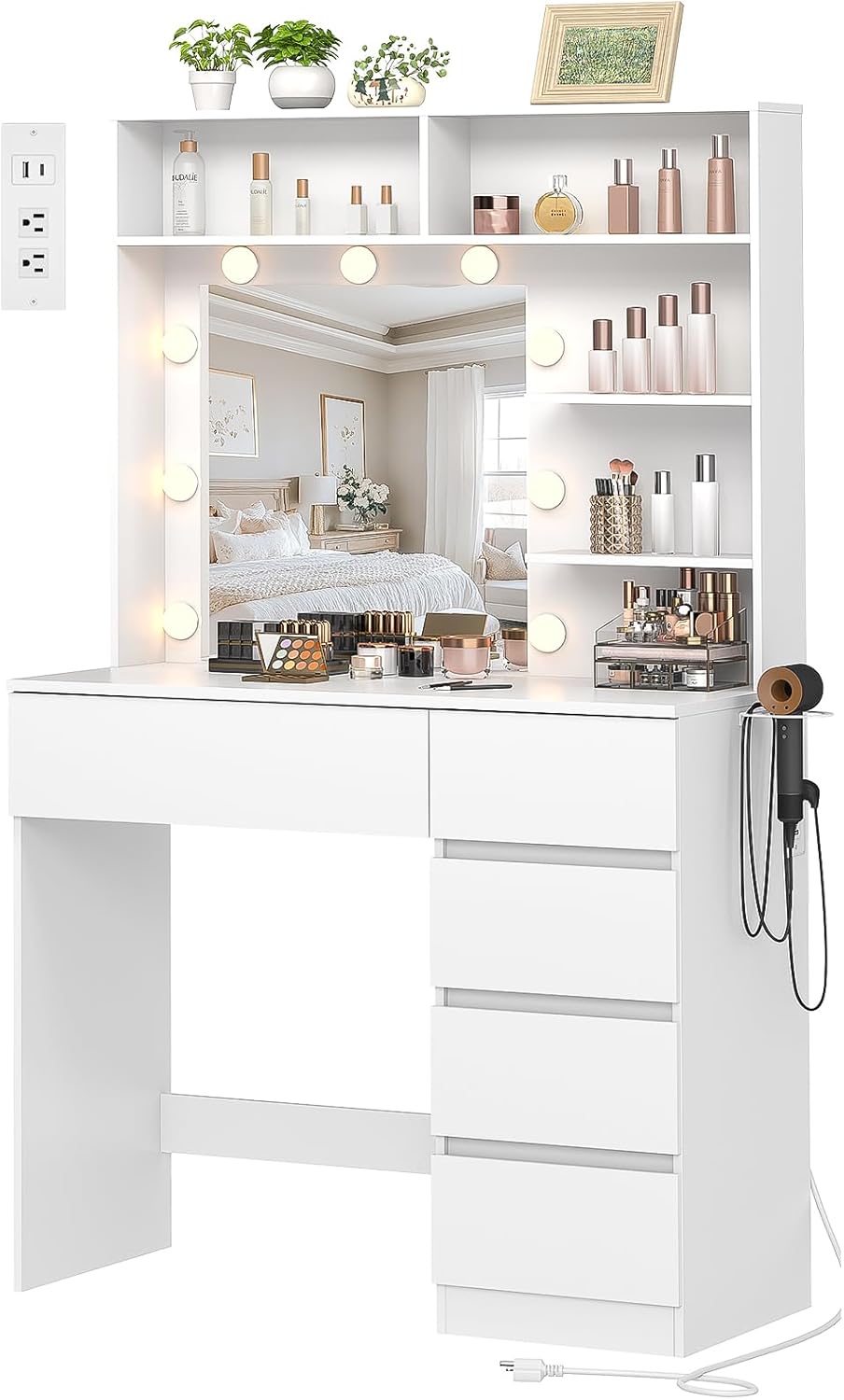 Vanity Desk with Mirror, LED Lights and Power Outlet, Makeup Vanity Table with 5 Drawers, 3 Color Modes & Adjustable Brightness, Dressing Table for Bedroom, White