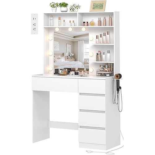 Vanity Desk with Mirror, LED Lights and Power Outlet, Makeup Vanity Table with 5 Drawers, 3 Color Modes & Adjustable Brightness, Dressing Table for Bedroom, White