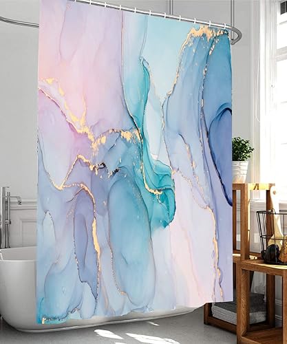 Miniatura 6 de HOMAEUPIN Juego de cortinas de ducha de mármol dorado y rosa, tela de poliéster resistente al agua, juego de decoración de baño, 24 ganchos de acero
