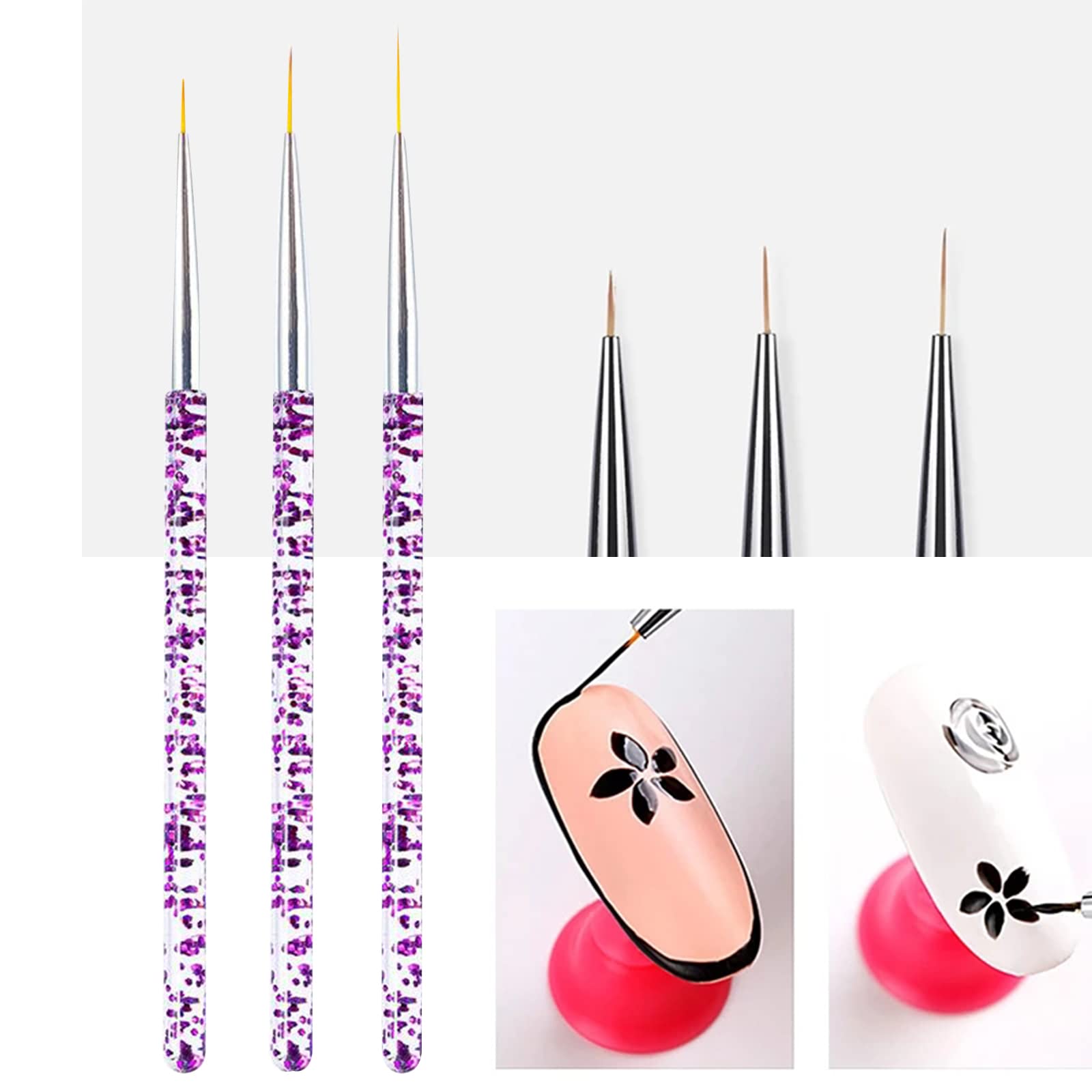 Pennelli Unghie, 15 Pezzi Nero Pennelli Unghie e 3 Pezzi Viola Pennelli per Unghie, Acrilico Gel Pennelloper Unghie Set pennelli per dettagl per Nail Art Design