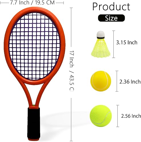 Miniatura 9 de Juego de raqueta de tenis para niños, raqueta de 17 pulgadas con 1 pelota de tenis, 4 volantes de bádminton y 3 pelotas suaves para deportes de