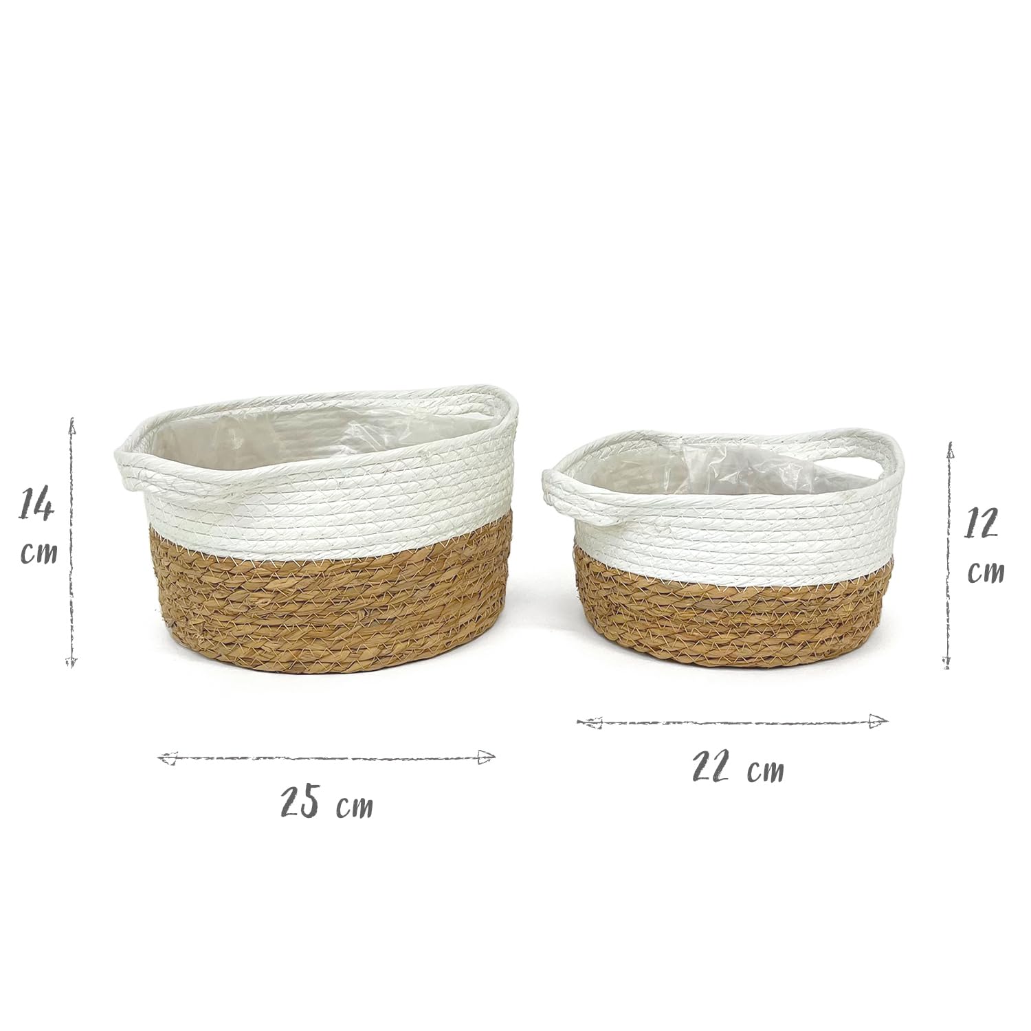 Lot de 2 paniers en paille naturelle et corde, pots à fleurs, plantes, tressés, osier, paniers, pour intérieur et extérieur, décoration de maison, accessoires de rangement (rond)
