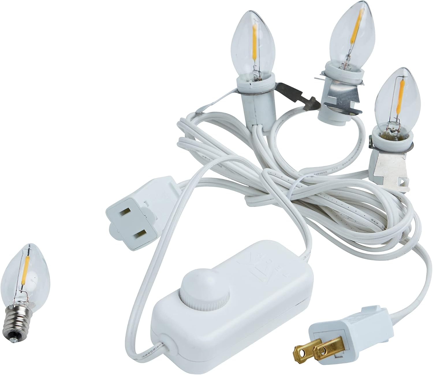 [Dimmer Included] Three Bulb chainable LED Accessory Cord – 10ft Cord with Three (3) c7/e12 Candelabra LED Light Bulbs and clips - Christmas Village, Decorations, Crafts, Lamp, Holiday (Dimmer Switch)