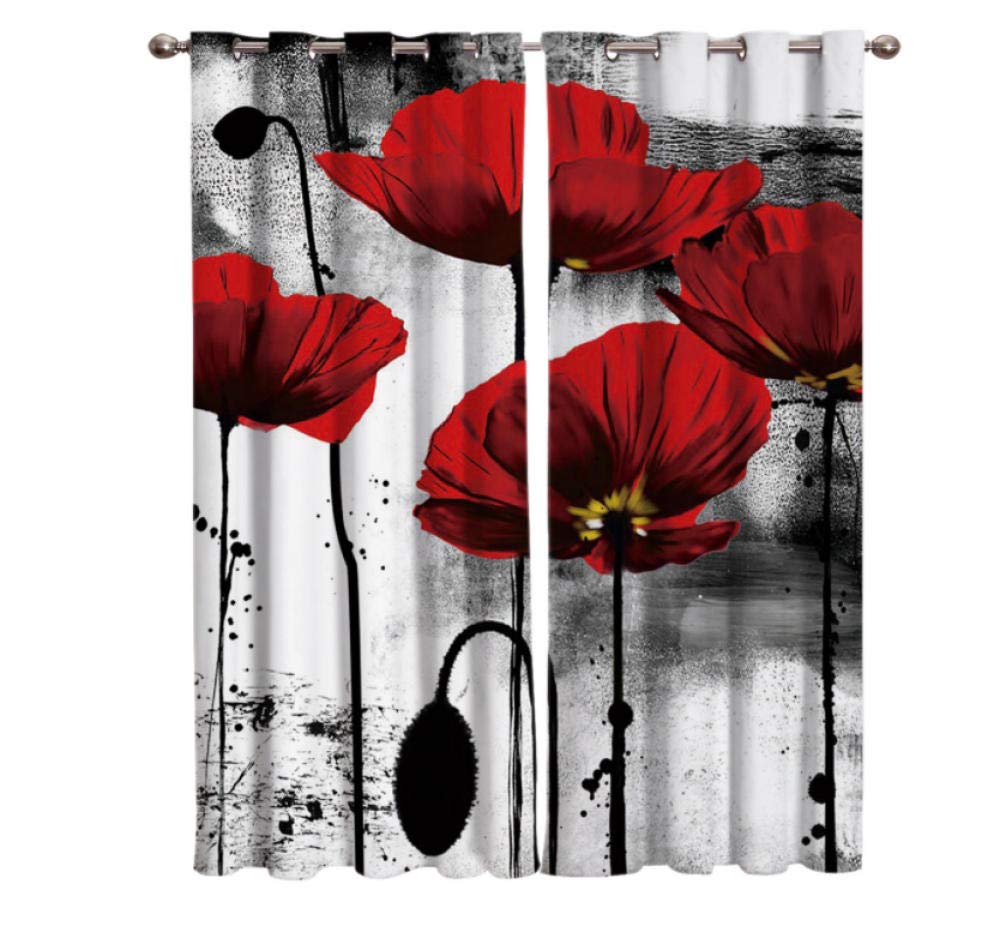Mohnblumen Vorhänge 166x75cm 2er Set - Blickdicht Mit Ösen In Rot Weinrebe