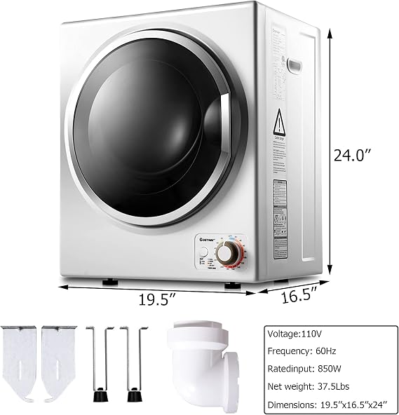 COSTWAY Compact Laundry Dryer, 110V Electric Portable Clothes Dryer with Stainless Steel Tub, Control Panel Downside Easy Control for 4 Automatic Drying Mode, White