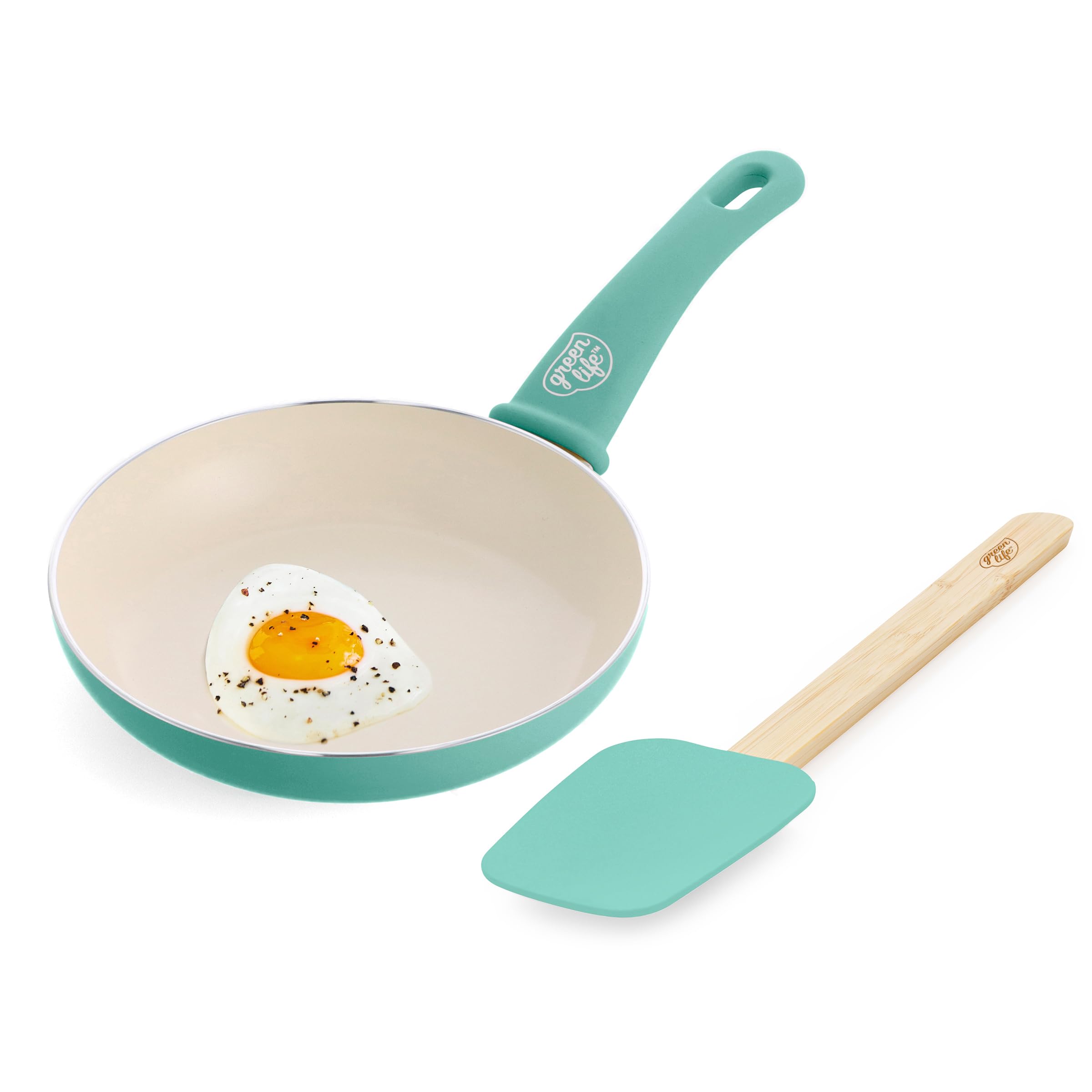 Soft Grip 8” Frypan Skillet and Spatula Breakfast Cookware Set, PFAS-Free Ceramic Nonstick, Silicon Spatula with Bamboo Handle, Egg Omelette, Dishwasher Safe, Stay-Cool Handles, Turquoise