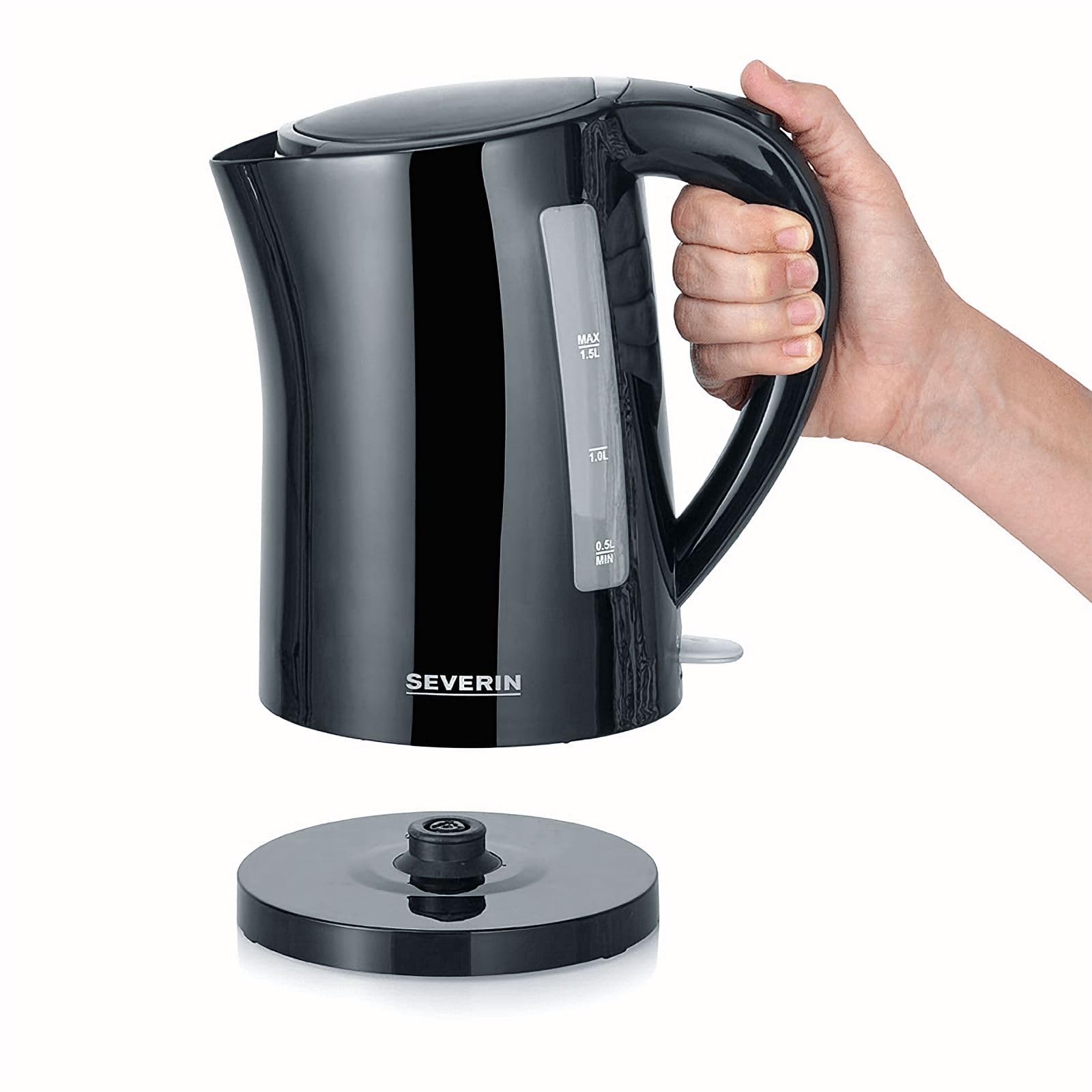 SEVERIN WK 3498 Bollitore per acqua 2200 W in plastica e metallo, Teiera elettrica con capacità di 1,5 litri, Bollitore acqua elettrico con indicatore del livello dell'acqua, Nero
