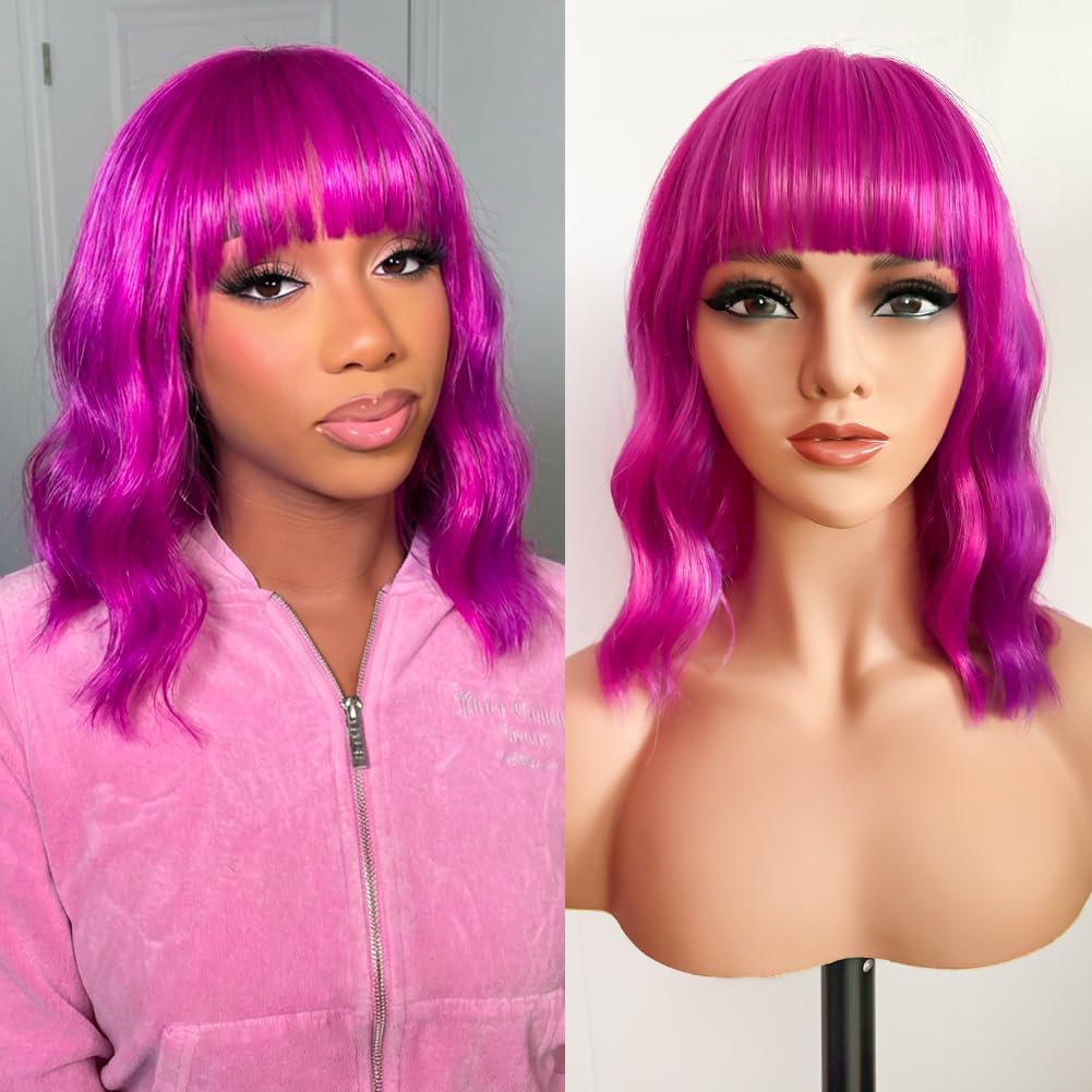 Synthetic Short Bob Wig with Bangs for Women Rose mixed Purple Color