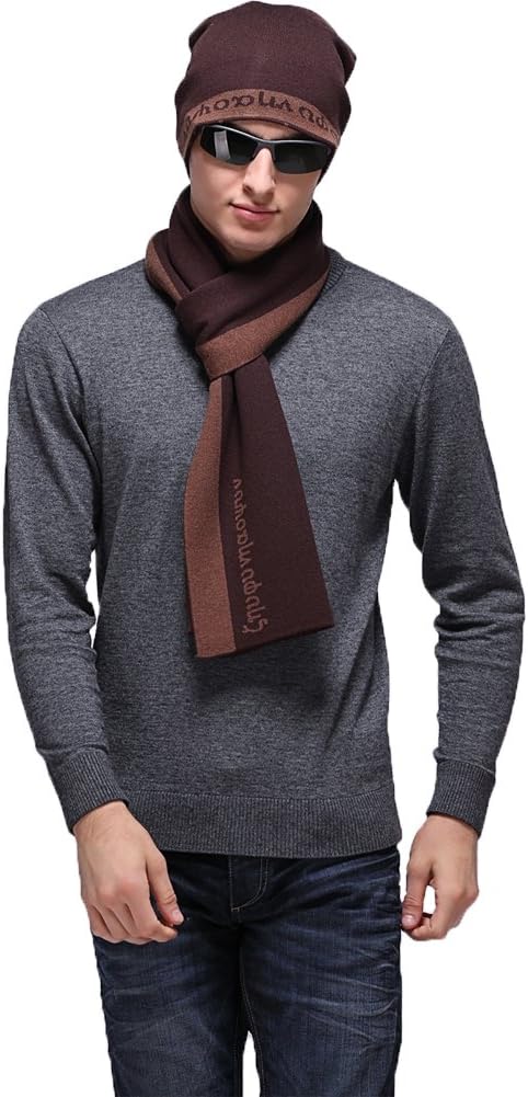 Ysiop Men Cashmere Solid Cozy Scarf and Hat Set for Winter (Coffee)