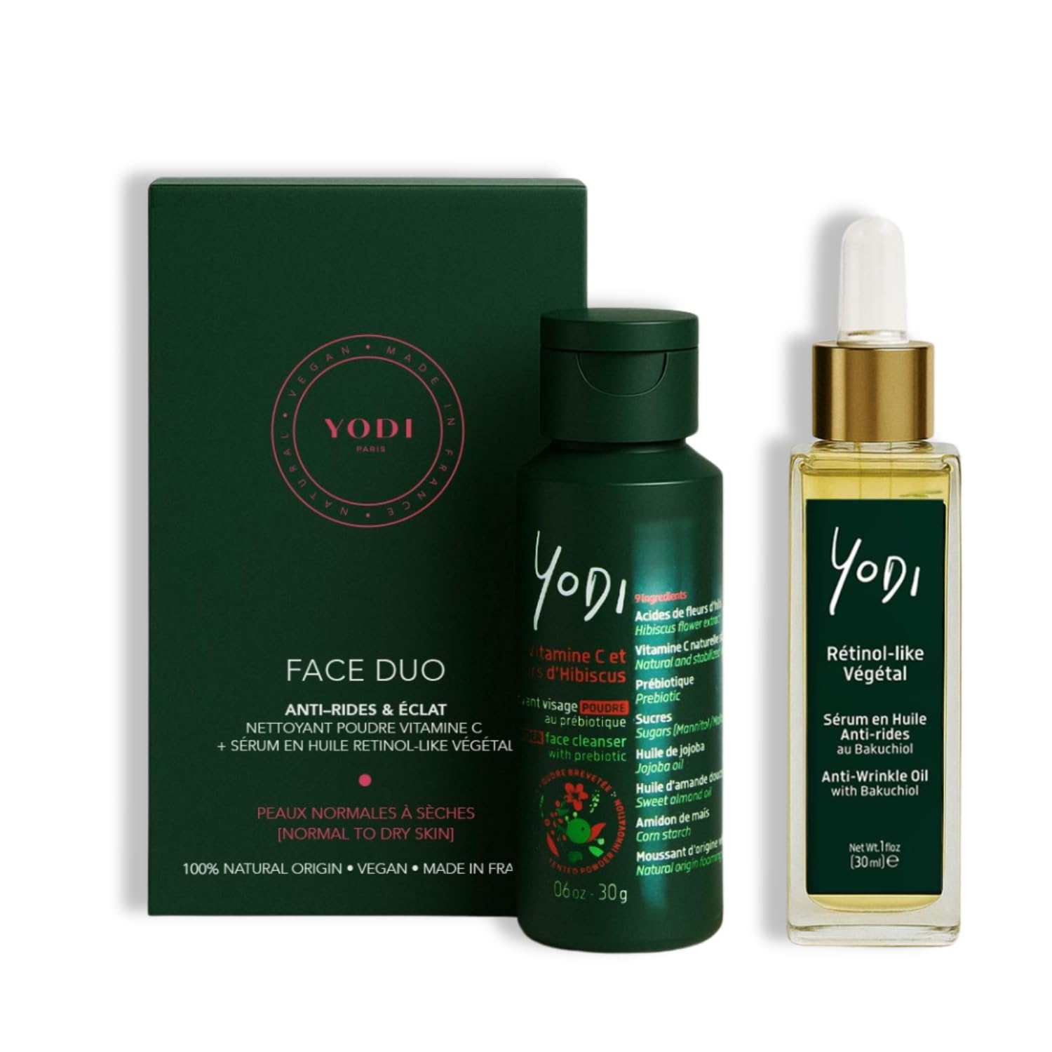 YODI - Set zum Muttertag – Duo gegen Falten & Glanz – Reinigungsmittel aus Pulver Vitamin C & Hibiskusblüten + Serum aus Öl gegen Falten mit Bakuchiol – Pflege hergestellt in Frankreich, 100