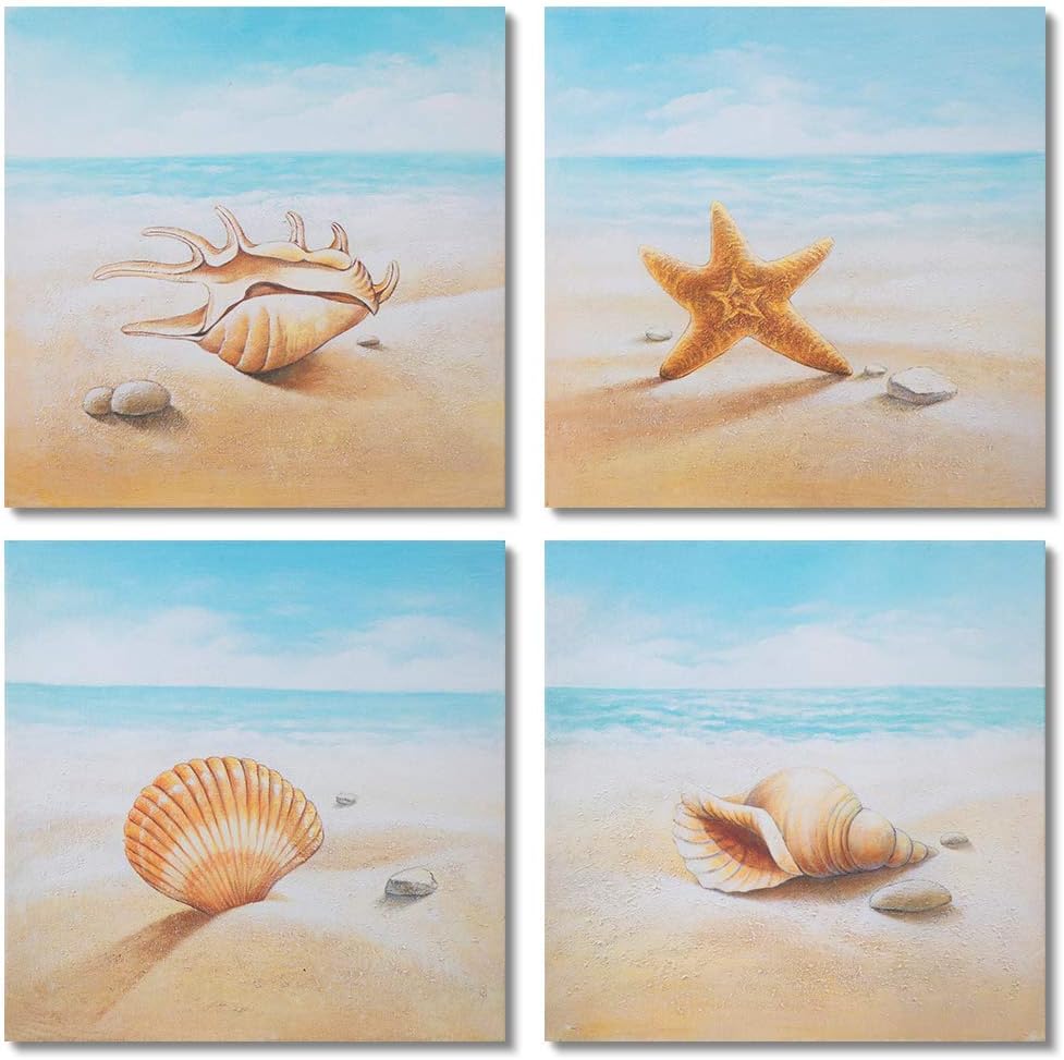Gold Orange Starfish and Seashells on The Beach 4 PCS Oil Painting Beach Stone Sea Shells Sand Sunshine Wall Art Stretched Canvas Art Set Framed (12x12inch4pcs)