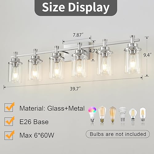 Miniatura 4 de Lámpara de tocador de baño de 6 luces, lámparas de baño de níquel cepillado sobre el espejo, luces de tocador de montaje en pared con pantalla de