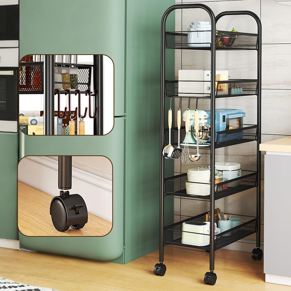 Carro de Almacenaje Rodante 5 Niveles para Despensa, Estructura de Acero con Cesta de Malla Apilables y Ganchos - Estantería Portátil con Ruedas para Cocina, Oficina,Negro
