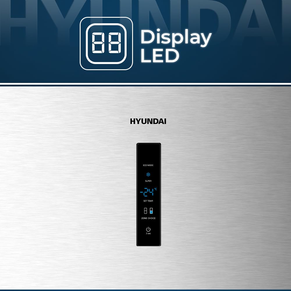 HYUNDAI Frigorífico Combinado Inox 2 Puertas. HC2700ENFIX, Capacidad 495 Litros, No Frost, Multi Air Flow, 39 dB, Puerta Reversible, Apertura con Tirador, Clasificación Energética E