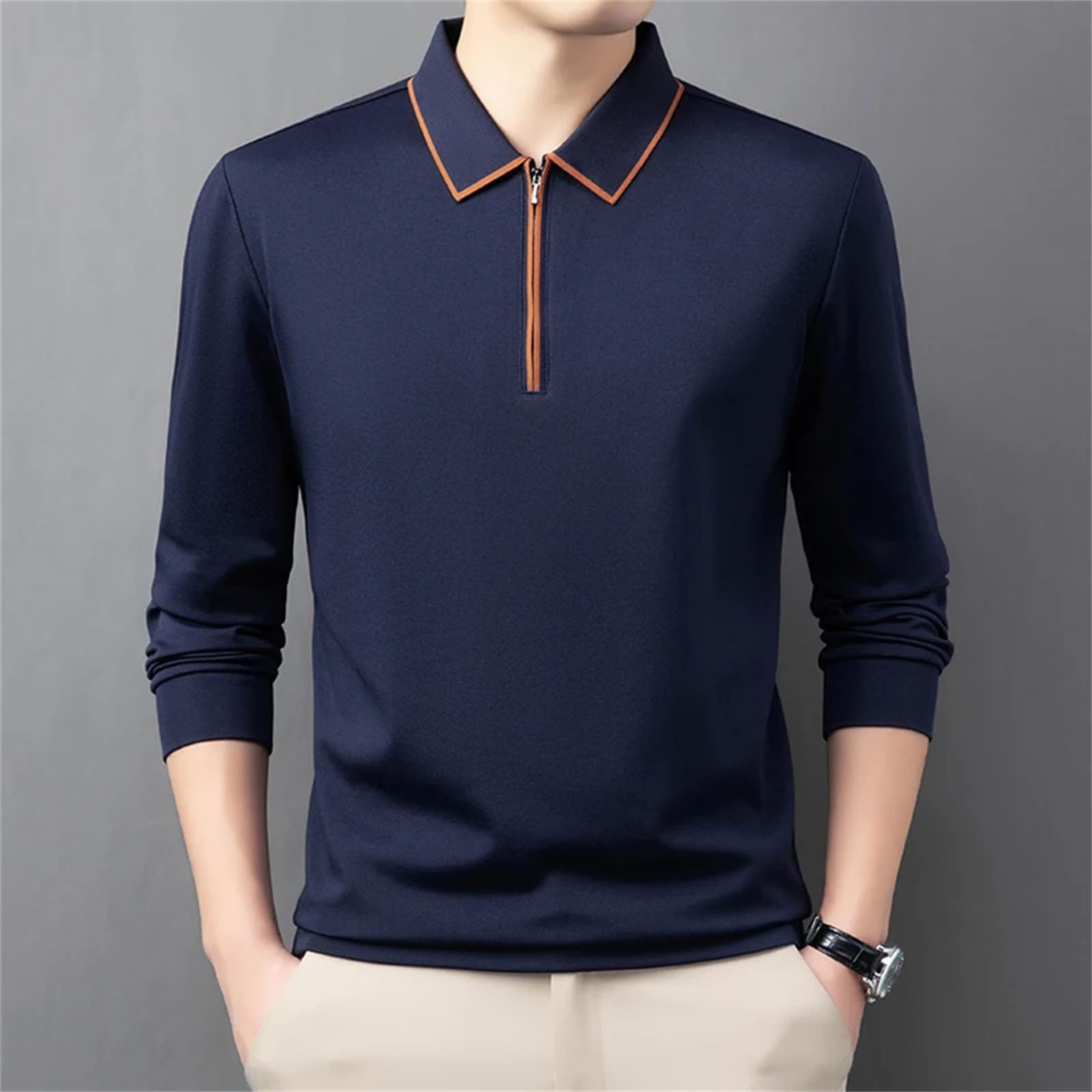 Polo de manga larga de algodón suave para hombre, a la moda, ligera, media cremallera, versión de golf, camiseta