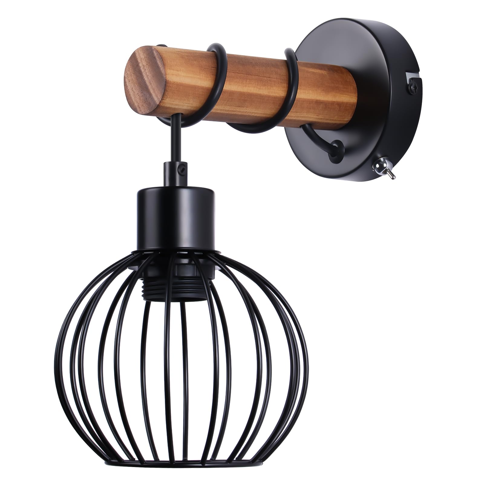 ZMH 2er Wandleuchte Wohnzimmer Vintage Holz: Wandlampe mit Schalter Wandbeleuchtung Schwarz im industrial Design E27 Wandstrahler aus Metall Bettlampe für Schlafzimmer Flur Cafe - Ohne Leuchtmittel
